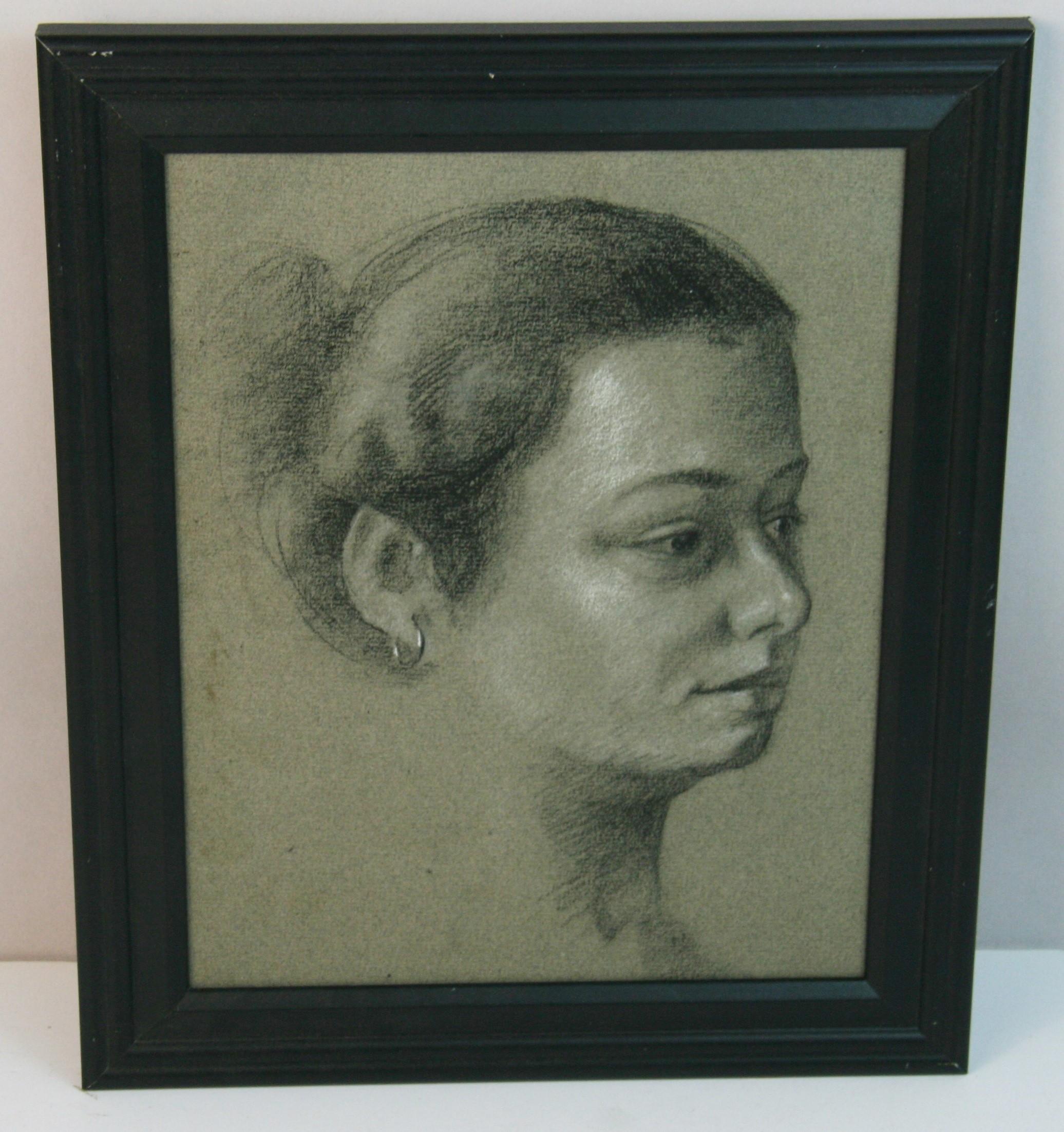 Portrait de John King - Dibujo Vintage al Carbón Mujer con Pendiente 1965