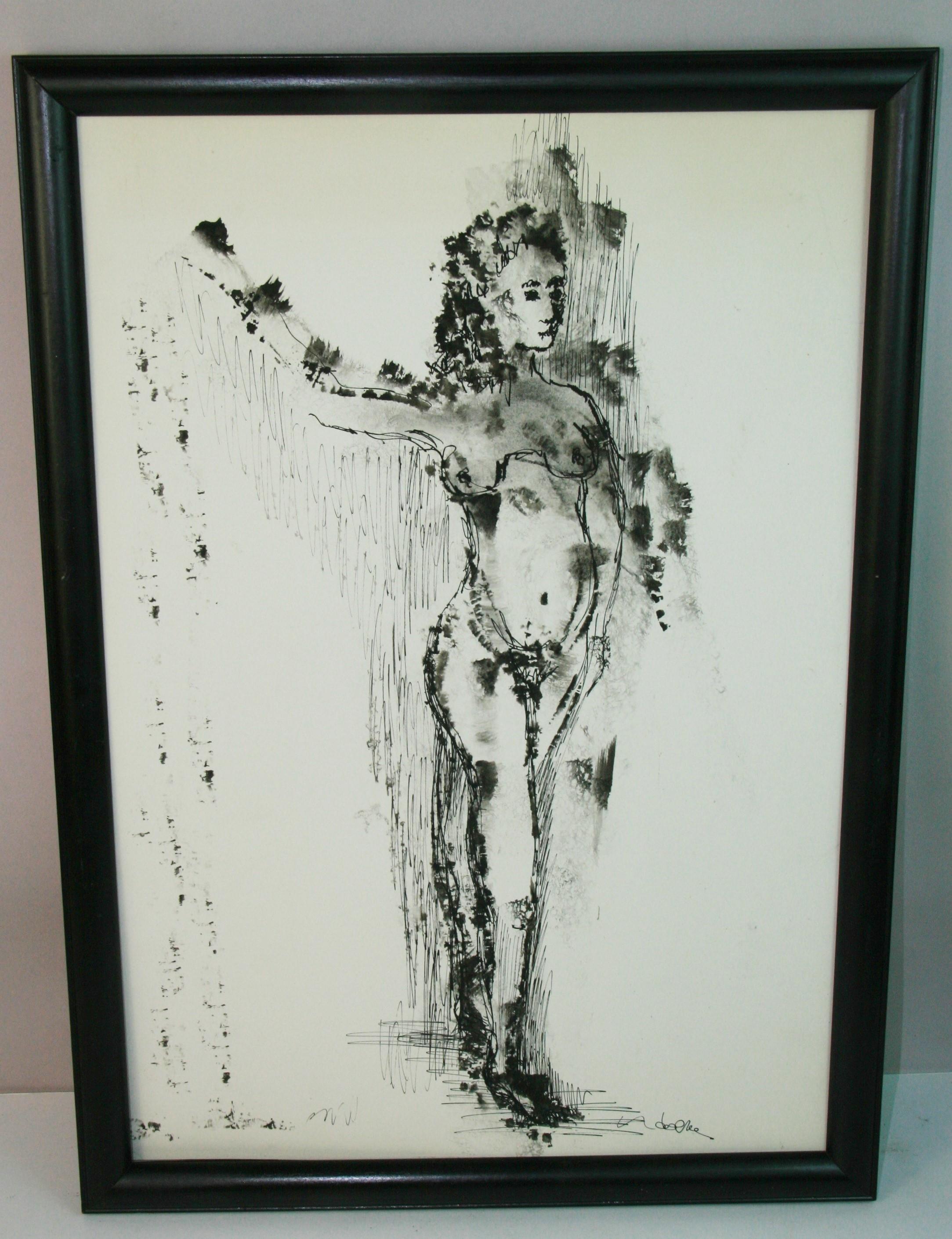 Modernist Nude In Pose India Ink Drawing 1960's - Art by Defoe