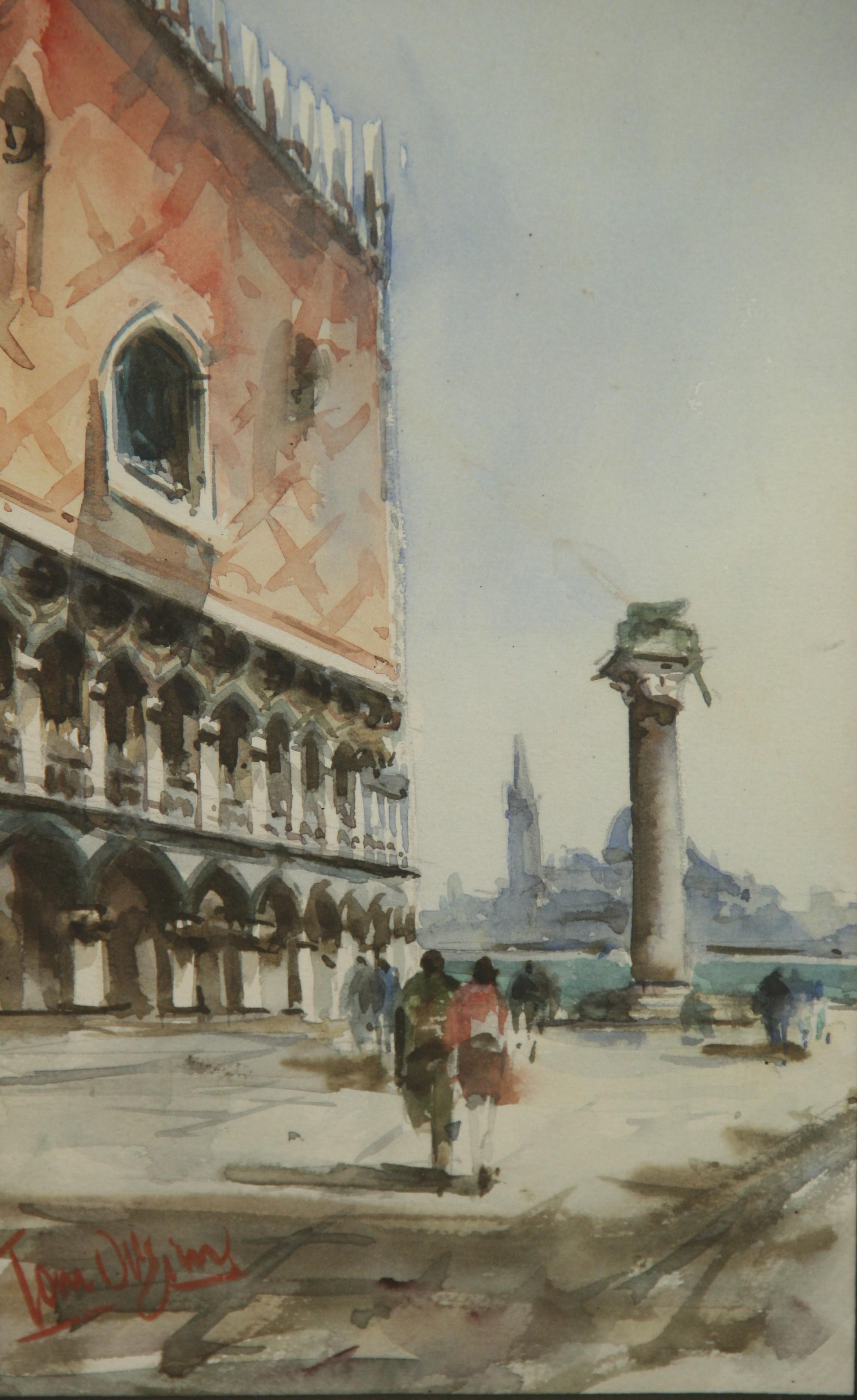 Unknown Landscape Art - Impressionist Italian Figural Landscape Strolling in Piazza San Marco 1960's