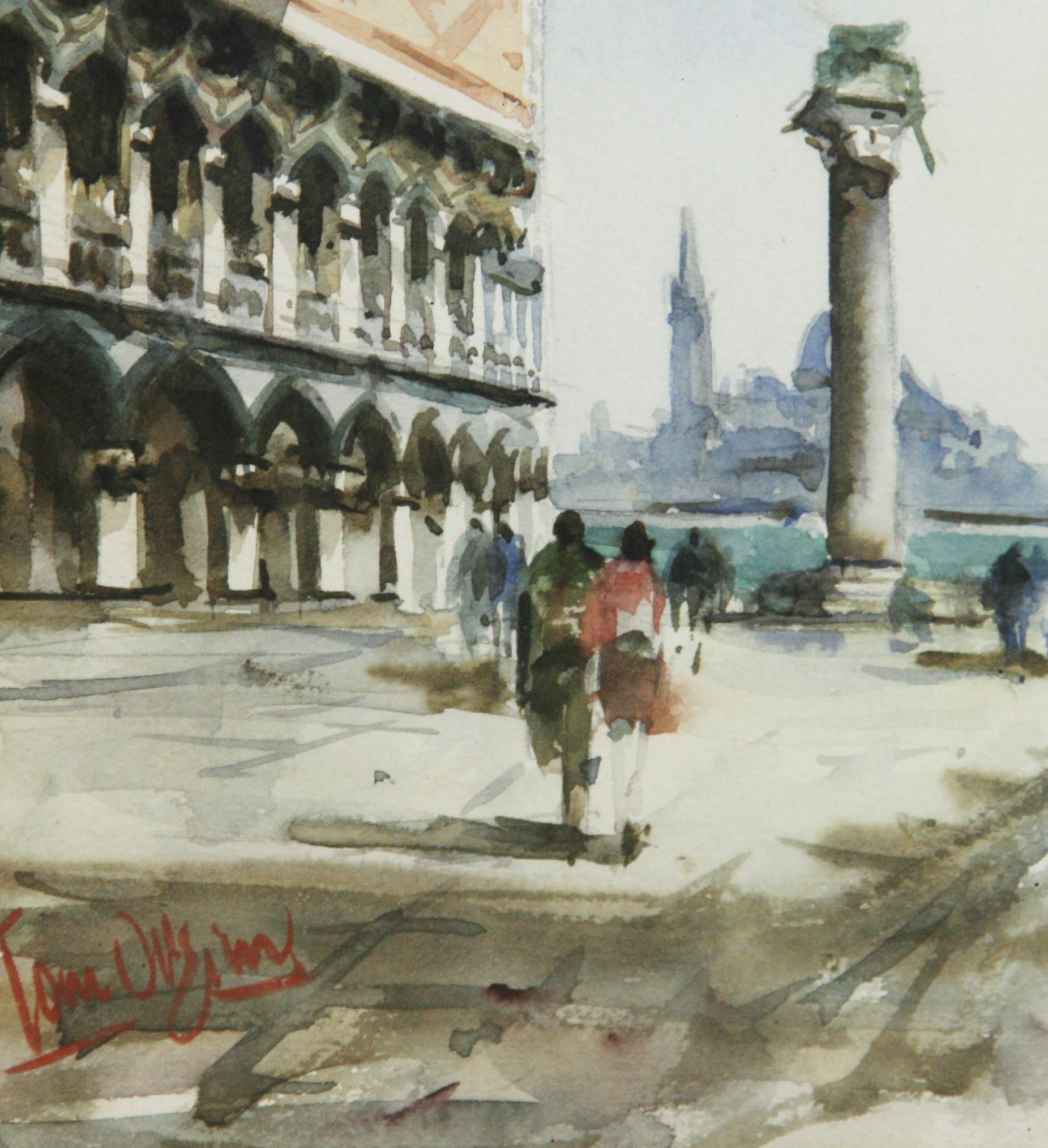 Impressionist Italian Figural Landscape Strolling in Piazza San Marco 1960's For Sale 1