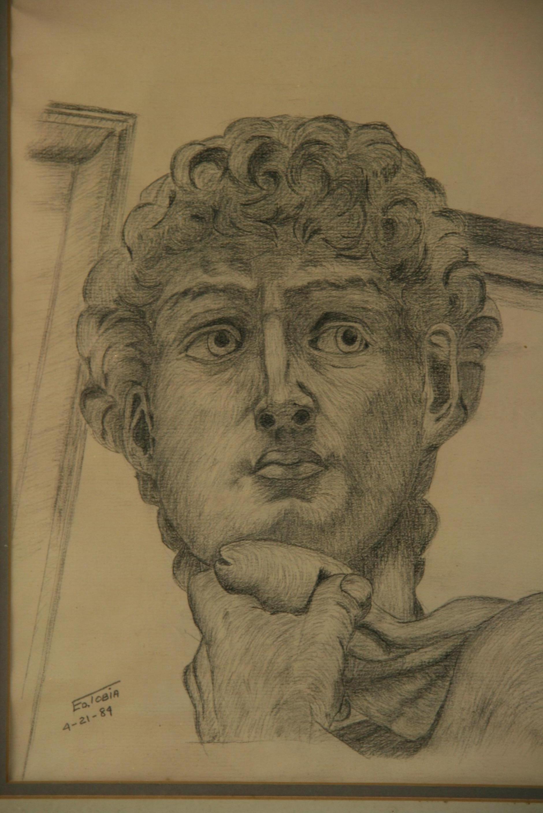 E.Tobia Figurative Art - Vintage Classical Italian Charcoal Drawing of Michelangelo's David