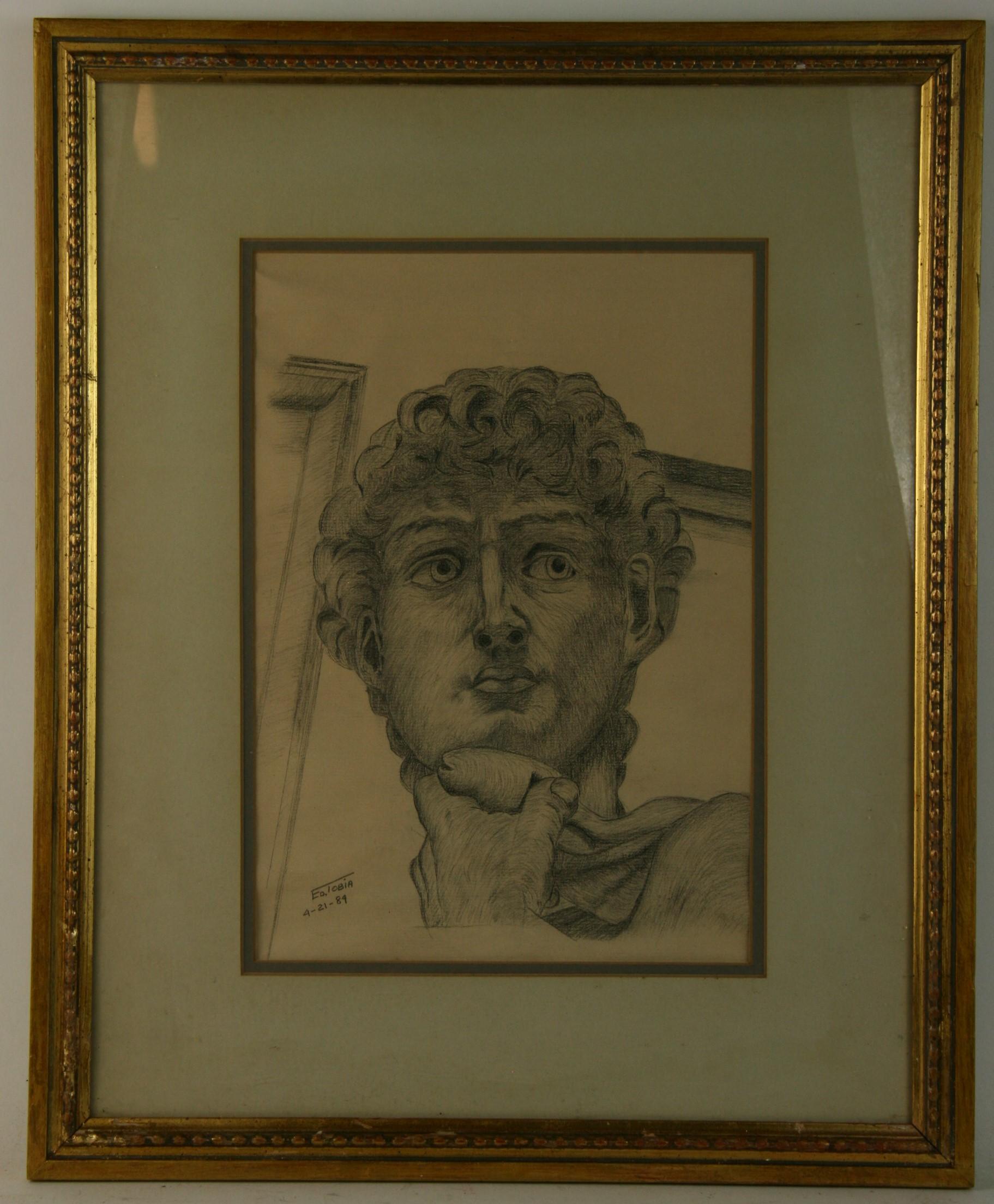 Vintage Classical Italian Charcoal Drawing of Michelangelo's David - Art by E.Tobia