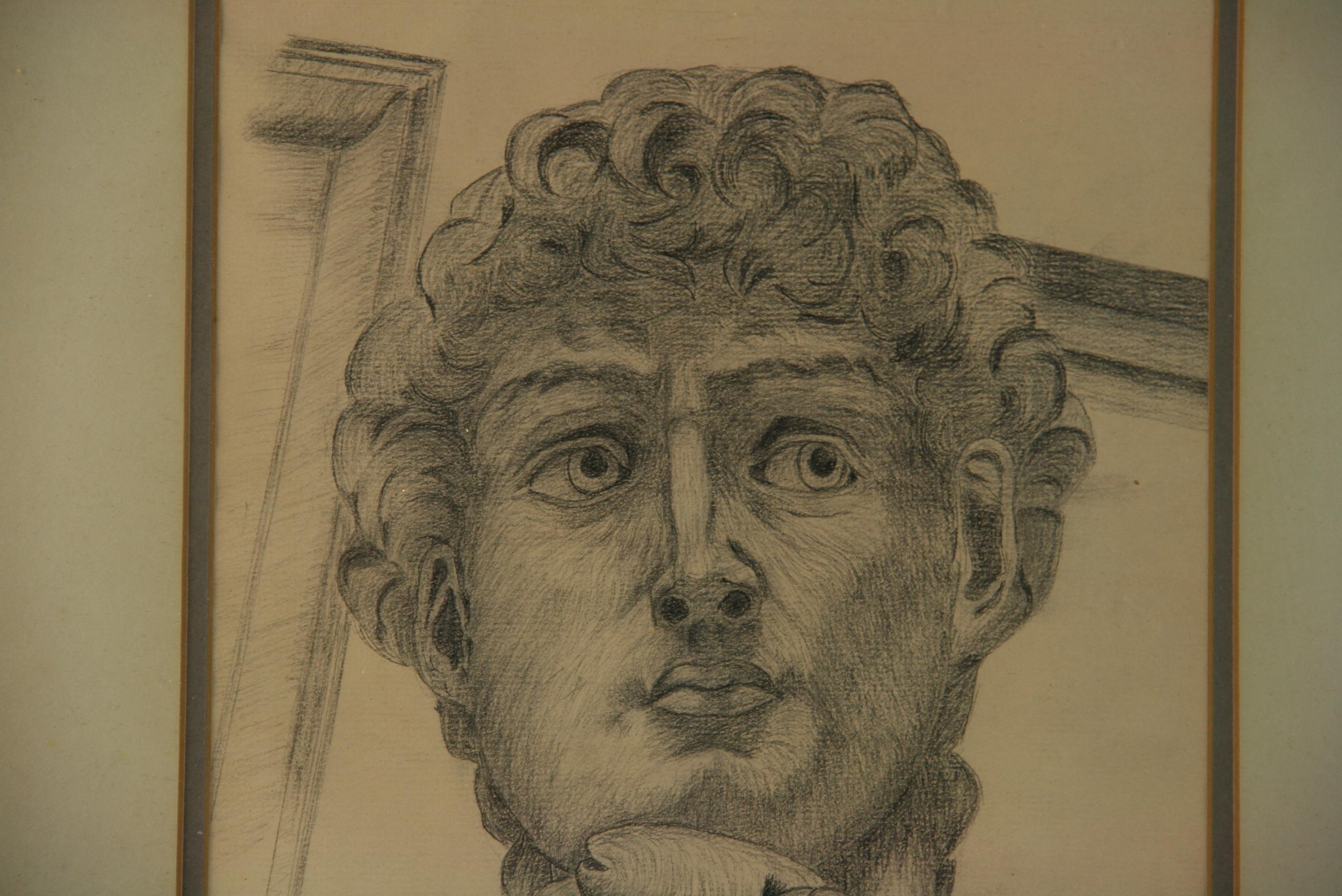Klassische italienische Holzkohle-Zeichnung von Michelangelos David im Vintage-Stil (Braun), Figurative Art, von E.Tobia
