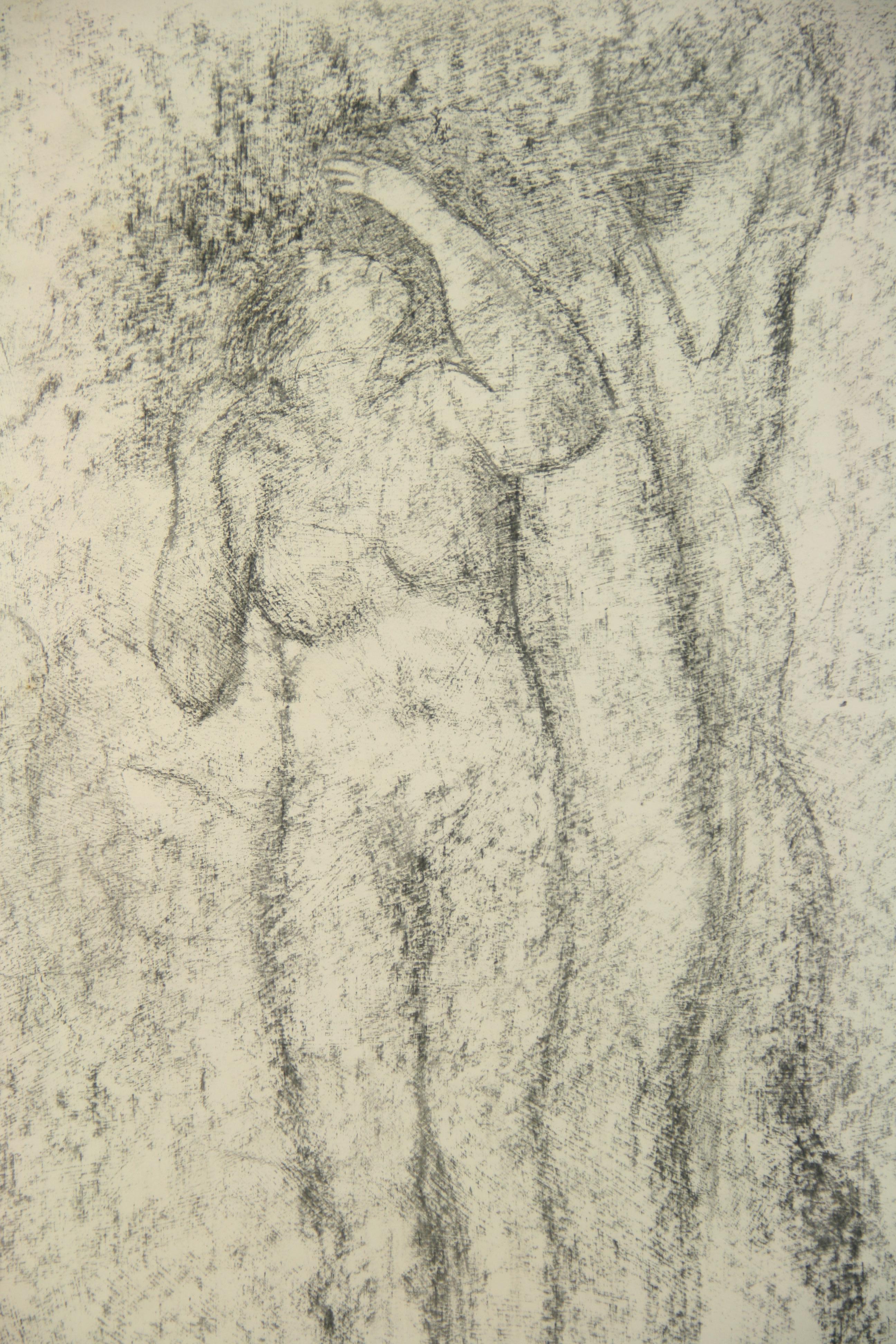 Woman Under A Tree Charcoal Nude  Drawing by Dammisse For Sale 1