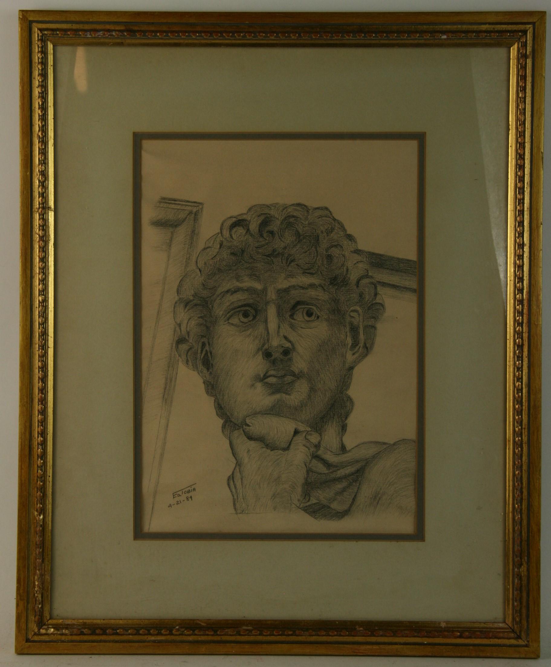 Vintage Classic Italian Charcoal Drawing of Michelangelo's David (dessin au fusain classique italien de Michel-Ange) - Art de E.Tobia
