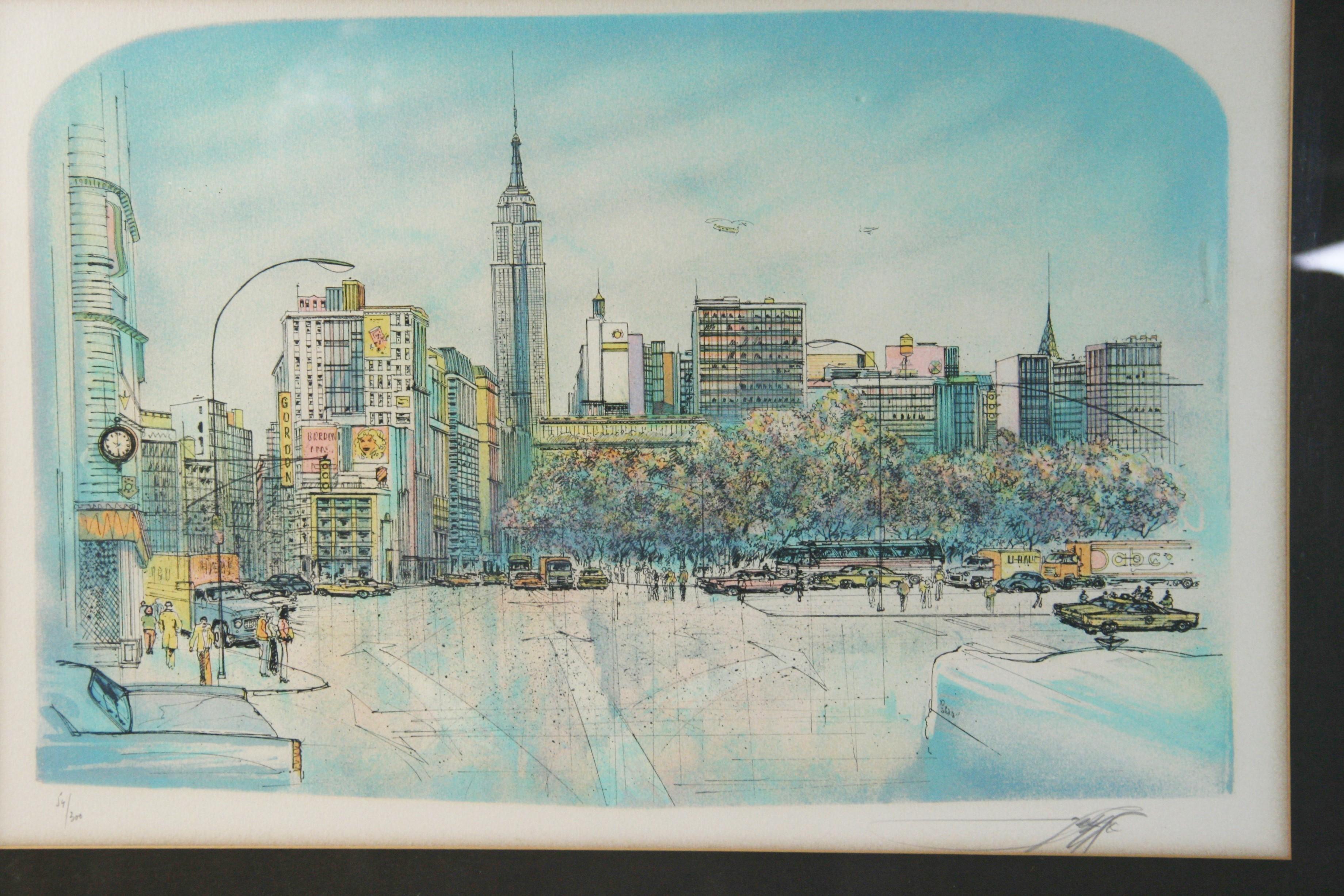 Handkolorierte NYC Skyline-Lithographie, NYC – Art von Unknown