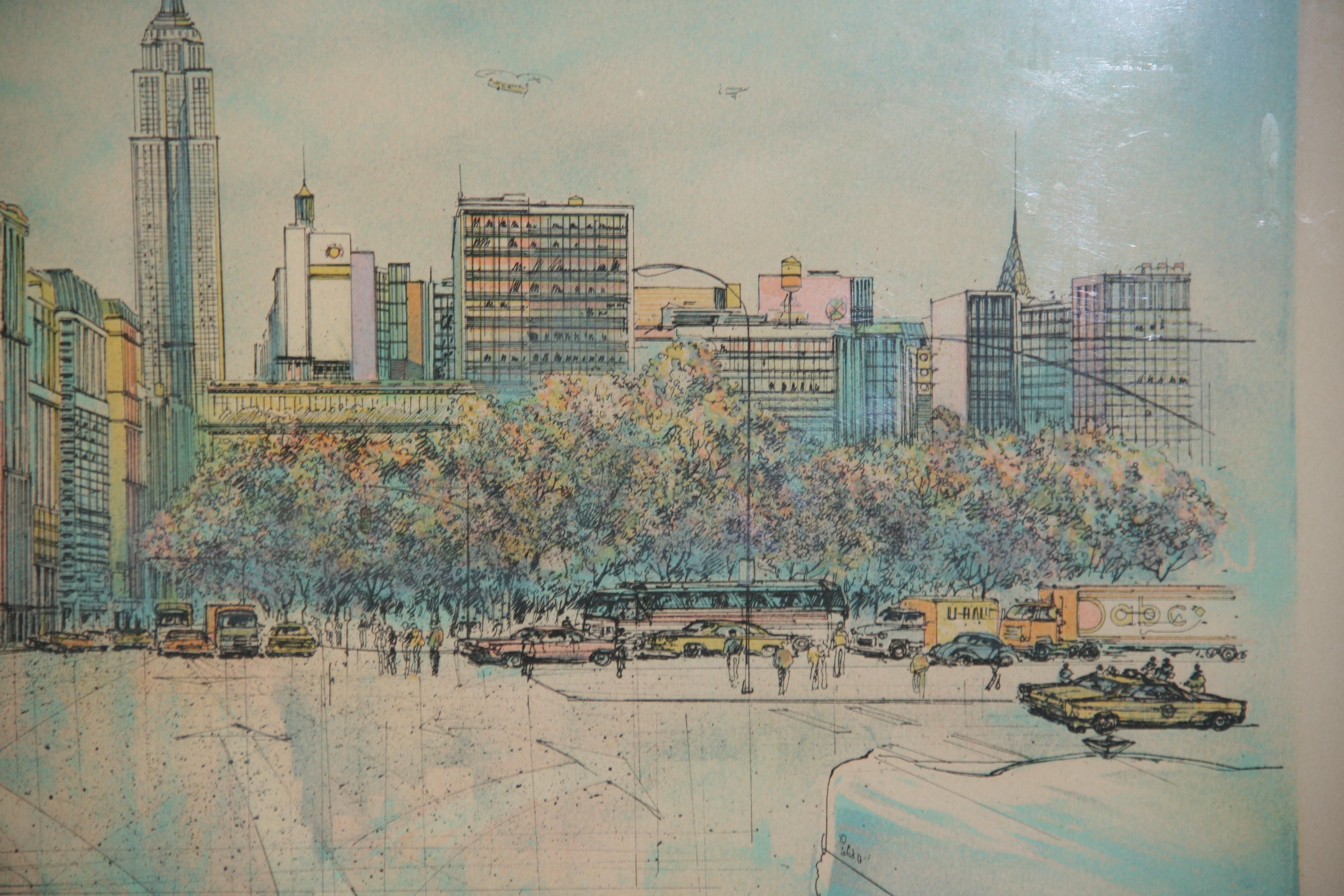 Handkolorierte NYC Skyline-Lithographie, NYC im Angebot 1