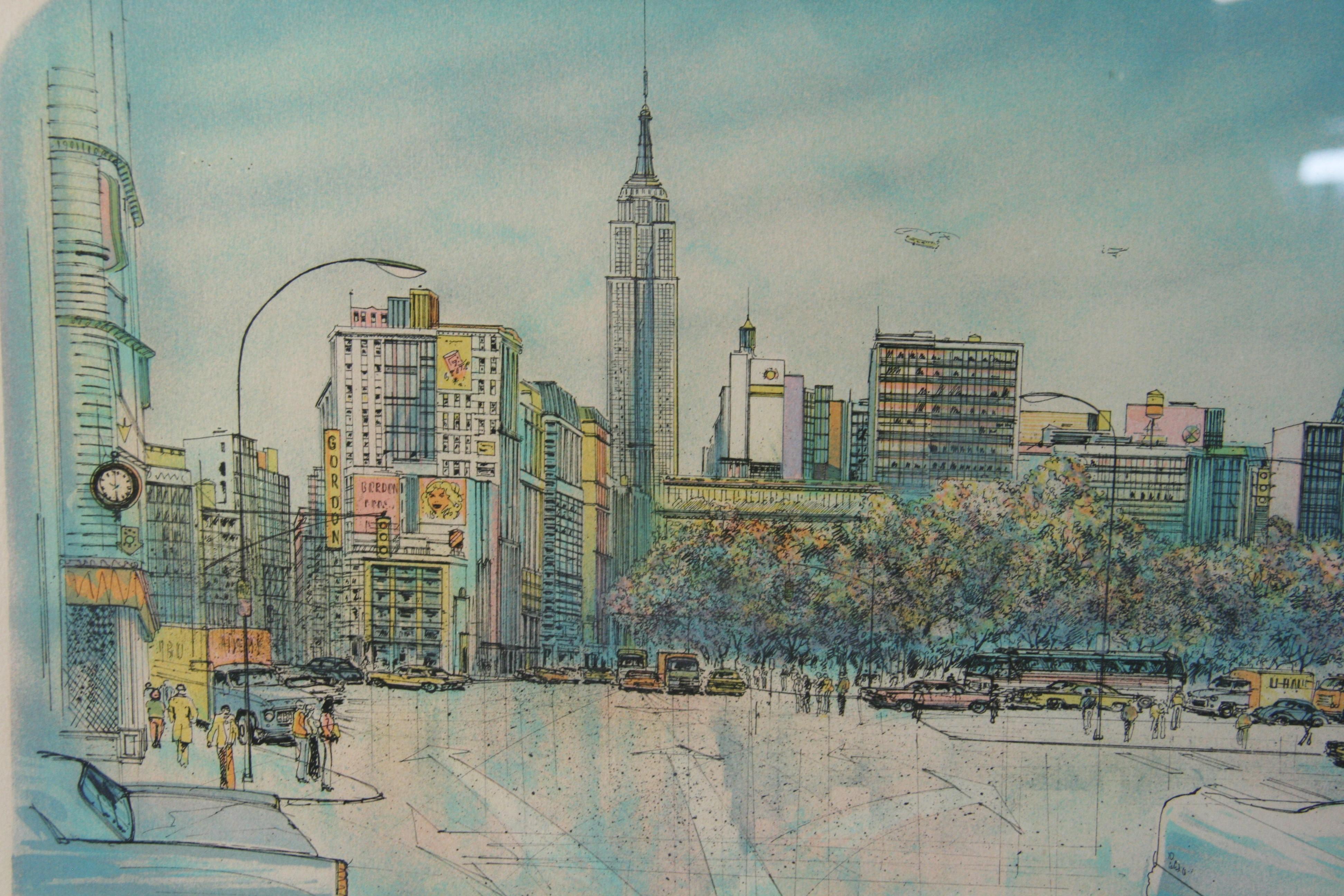 Handkolorierte NYC Skyline-Lithographie, NYC im Angebot 5