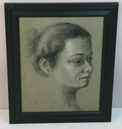 Vintage Charcoal Drawing Woman with Earring 1965