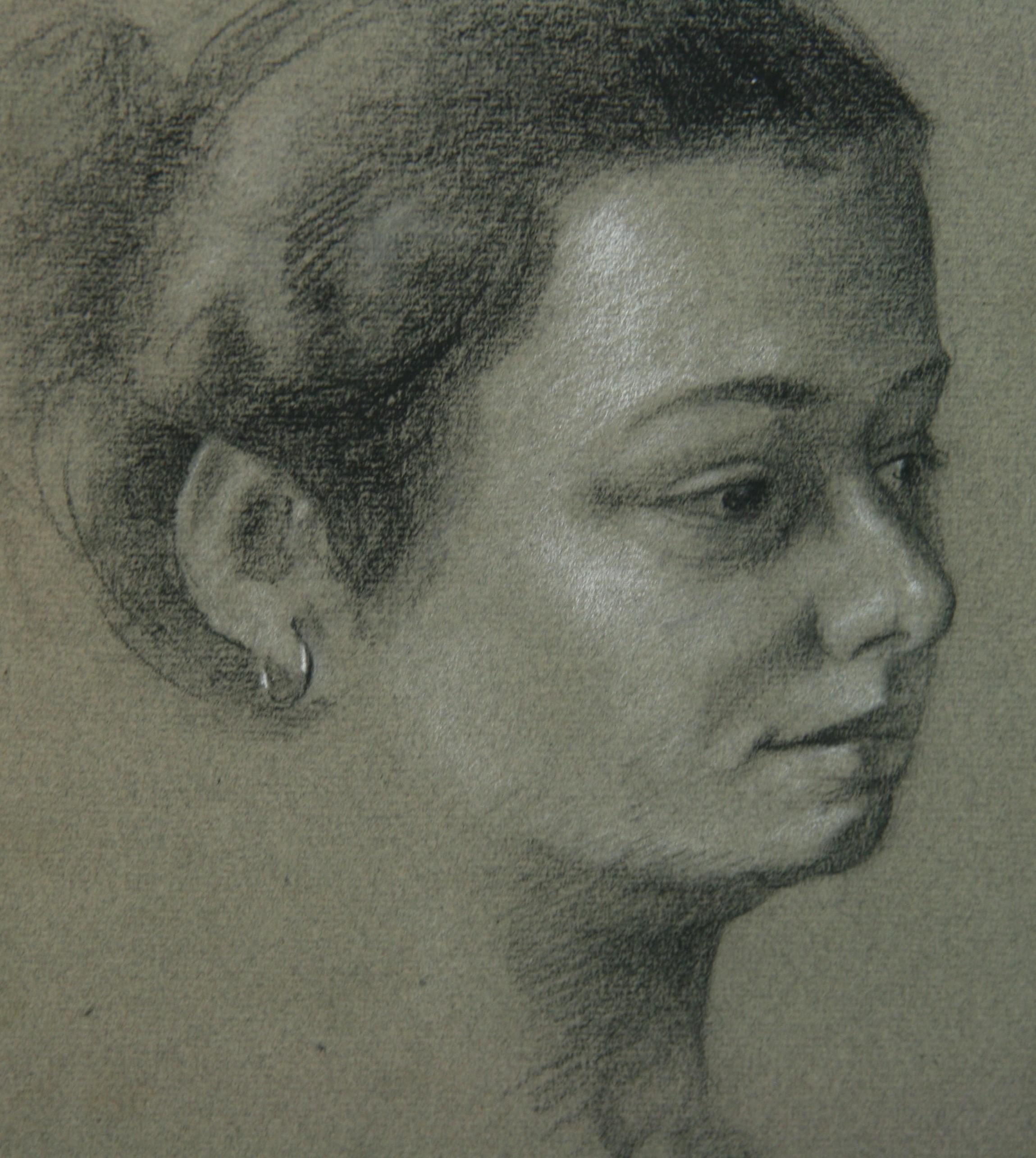 Dibujo Vintage al Carbón Mujer con Pendiente 1965 - Portrait Negro de John King