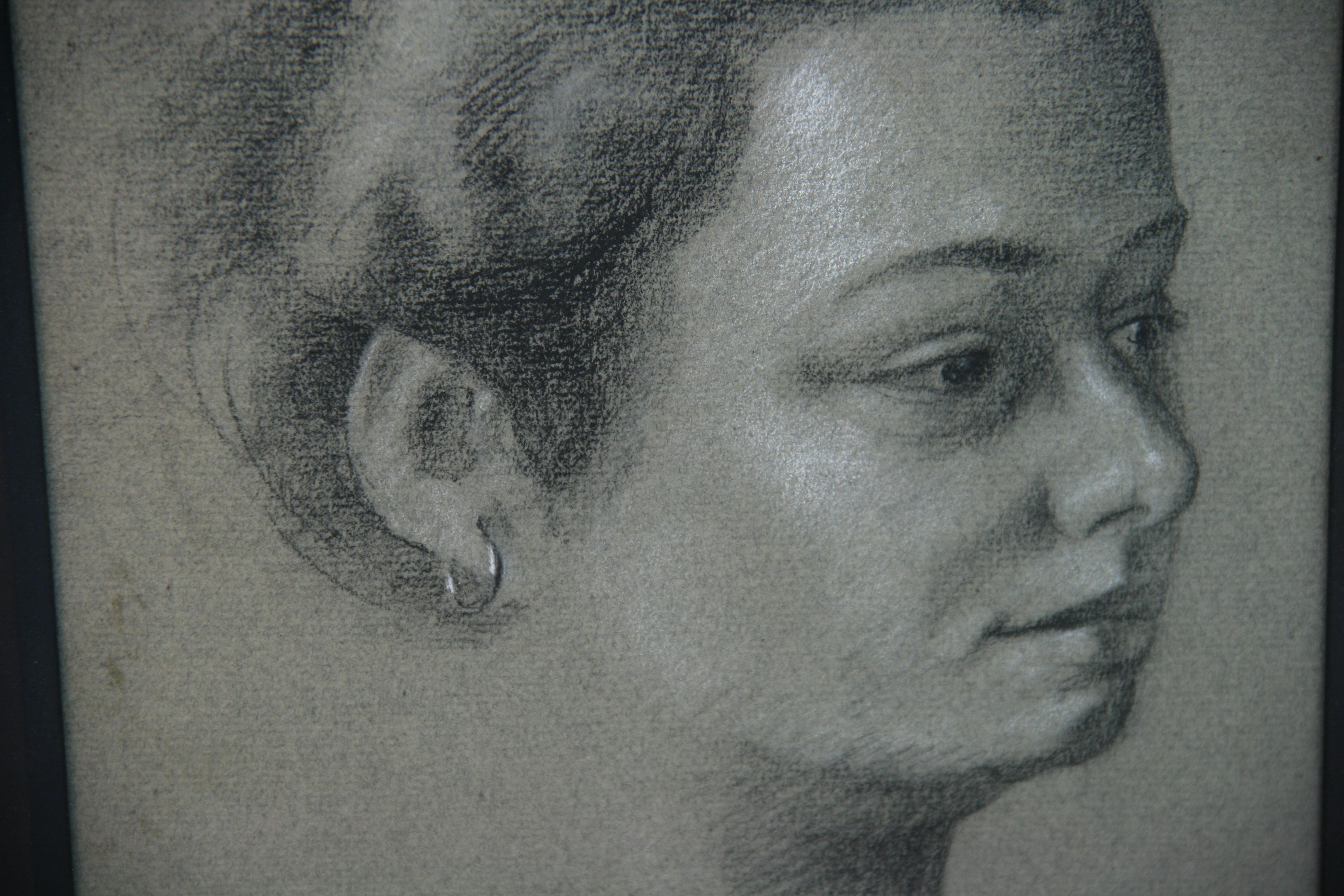 Dibujo Vintage al Carbón Mujer con Pendiente 1965 en venta 1
