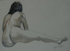 Male Nude Reclining Drawing, Charcoal and Watercolor, 1980s, Framed