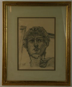 Vintage Classical Italian Charcoal Drawing of Michelangelo's David