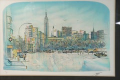 NYC Skyline Hand Colored Lithograph, Ink and Watercolor, 1960s, Framed