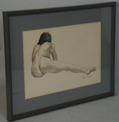 Male Nude Reclining Drawing, Charcoal and Watercolor, 1980s, Framed