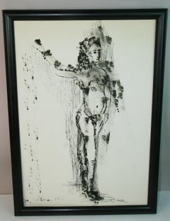 Rose Covered Nude Drawing, India Ink & Acrylic, Framed, 1960s