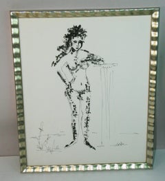 Puppet Master Nude Drawing, Modernist India Ink, Signed, Framed, 1960s
