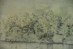 View from the Charles River in Boston, Charcoal Drawing, 1920s, Framed