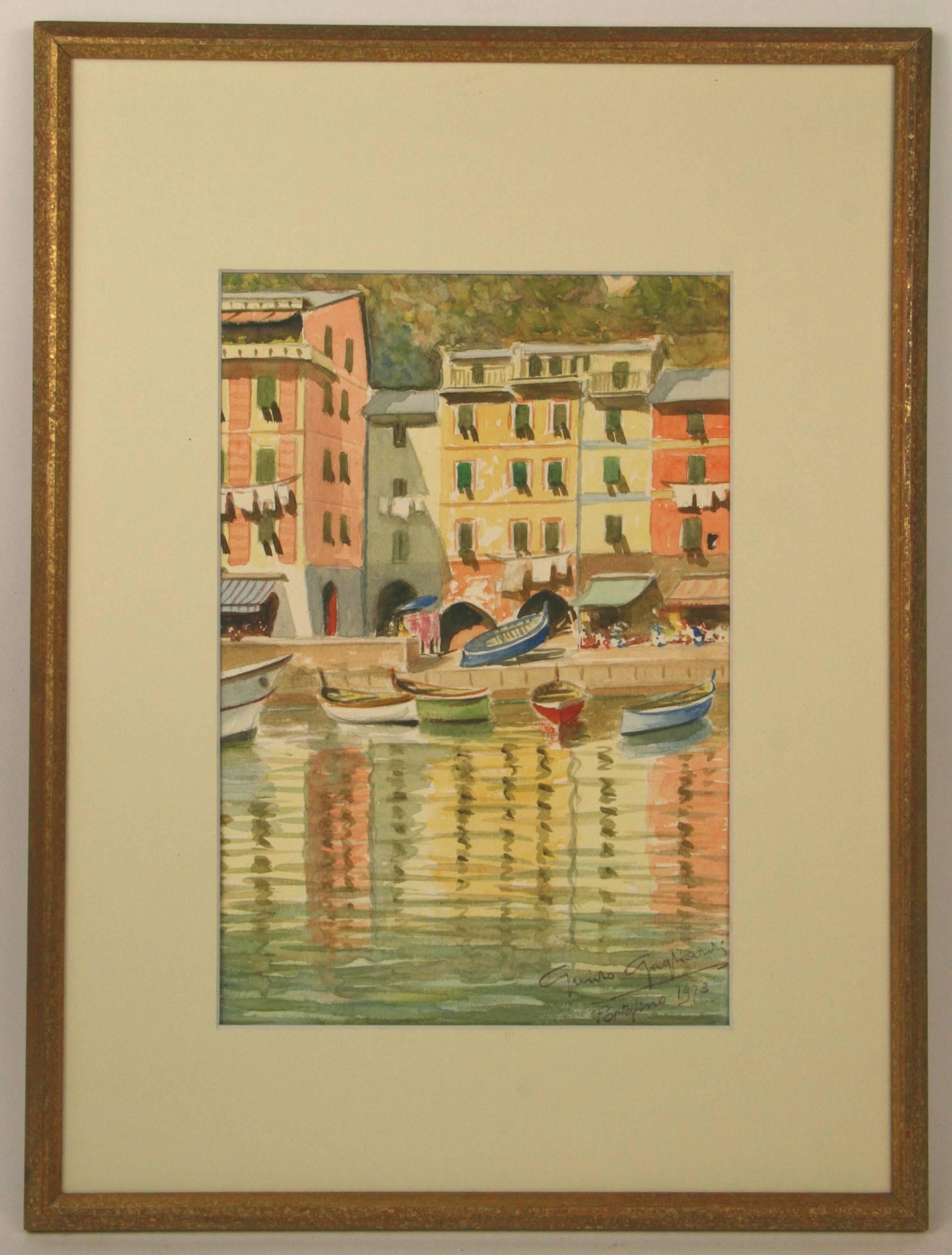 Watercolor of Portofino Italy in a gilt frame under glass signed by Guido Gagliardi 1973