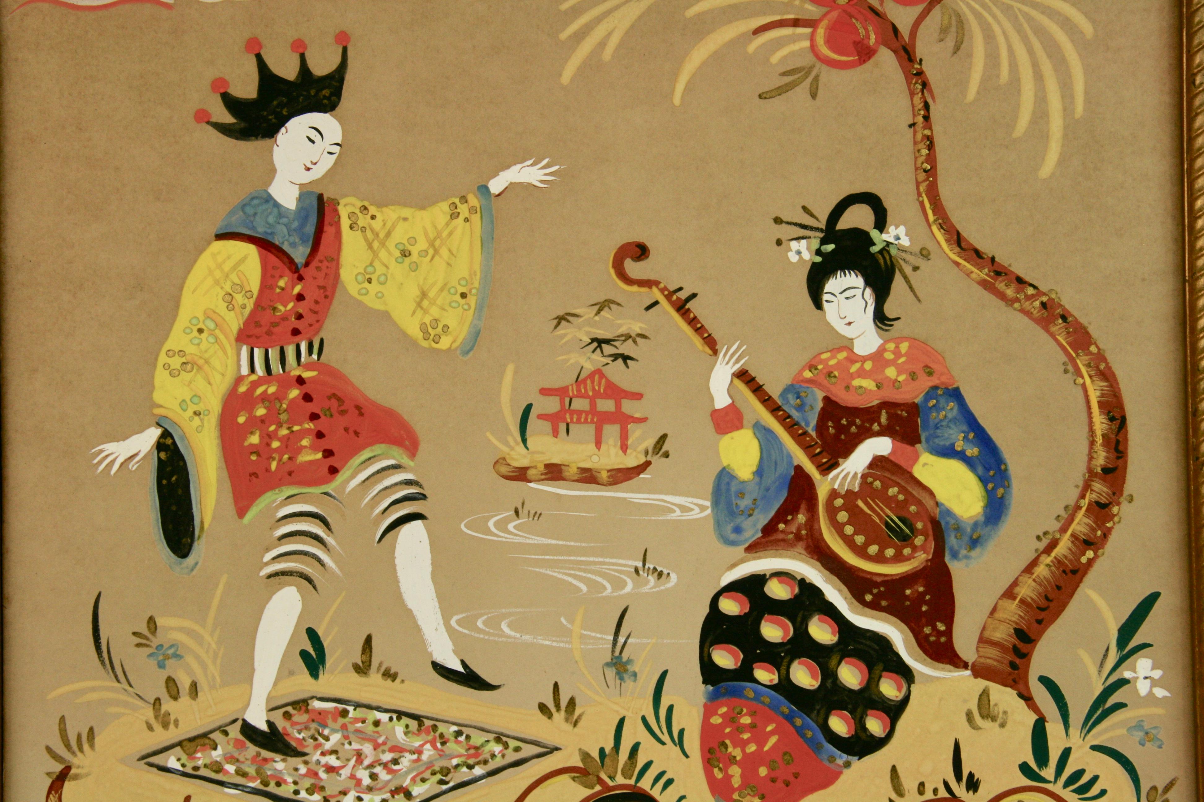 Chinoiserie  Figurative Gouache - Painting by LD King