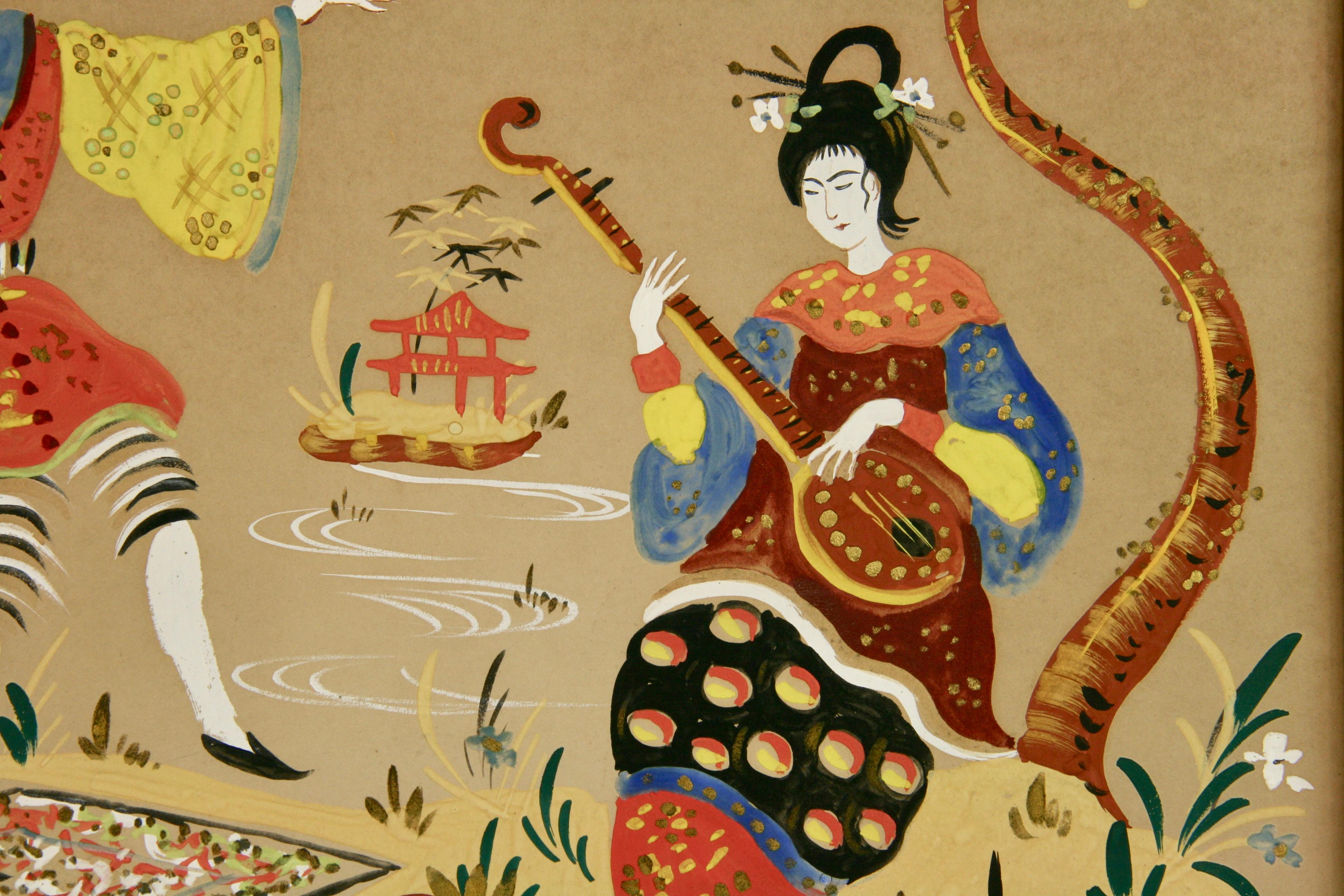 5-3163a Chinese gouache on board set in an ornately carved frame
Image size 14,75x14.75
