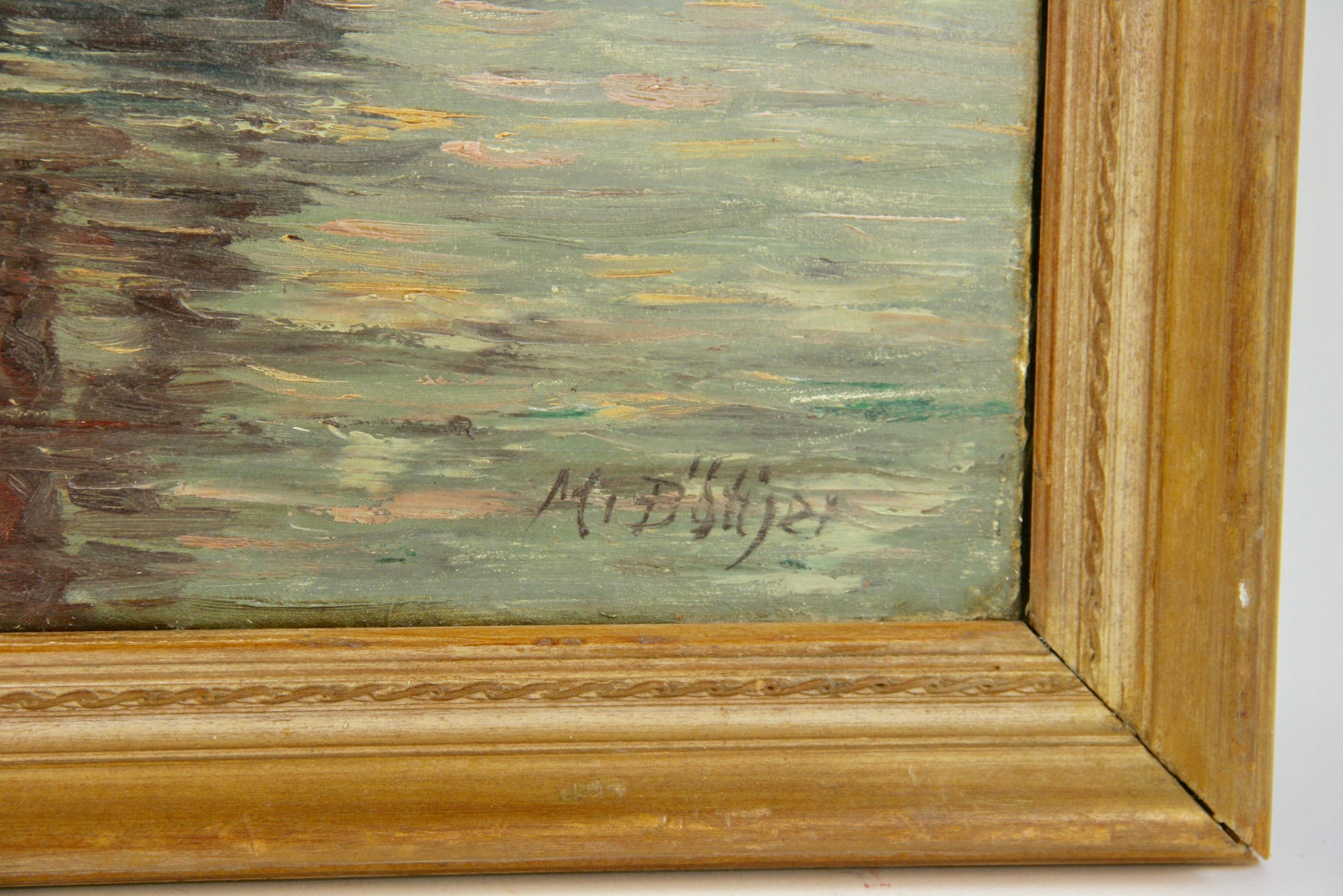 5-3451 Scandinavian Fishing Trollers, a 1920's seascape painting ,oil on canvas of  set in a vintage wood frame signed lower right.