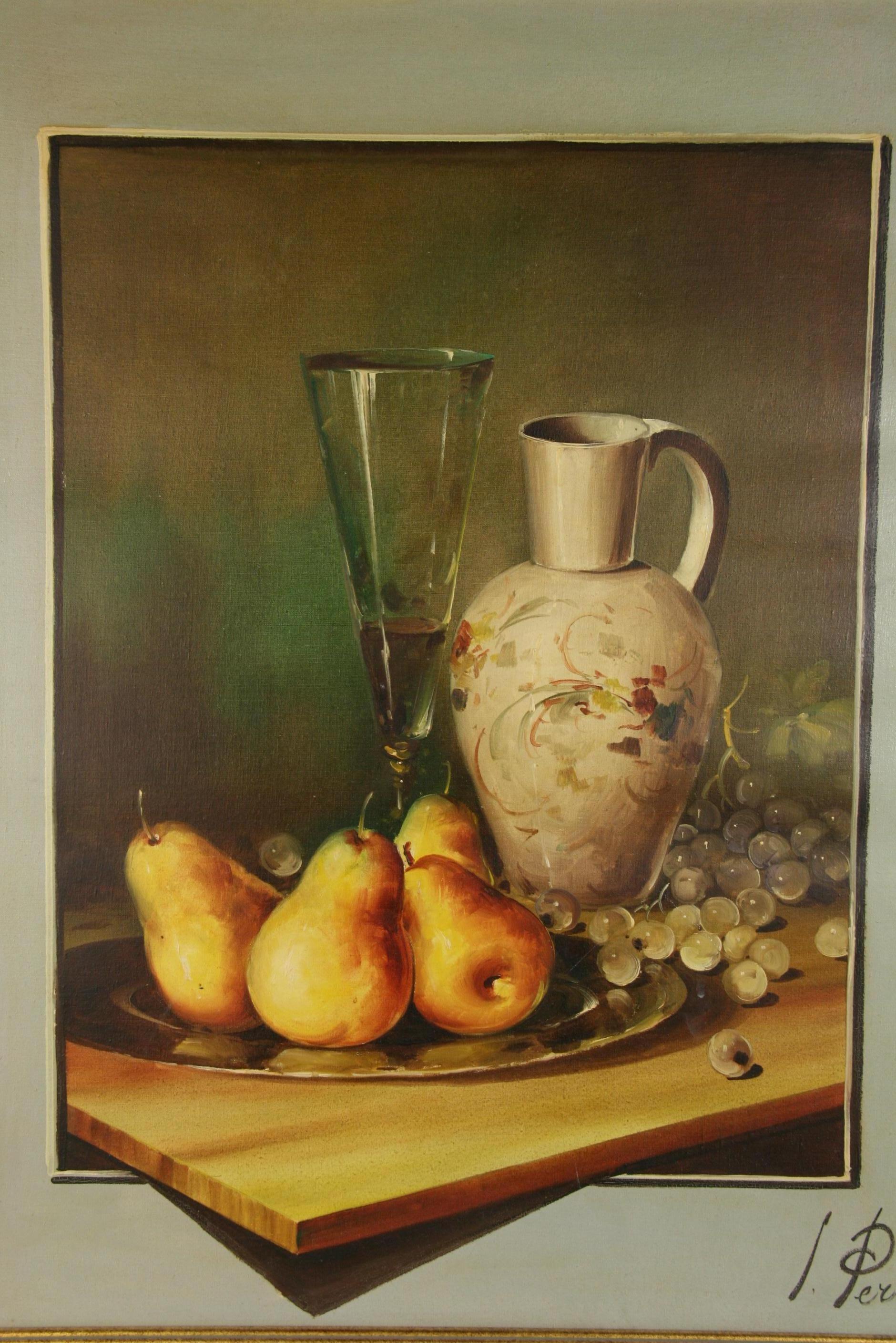 Impressionist Still Life with Pears and Grapes - Painting by L.Perrier