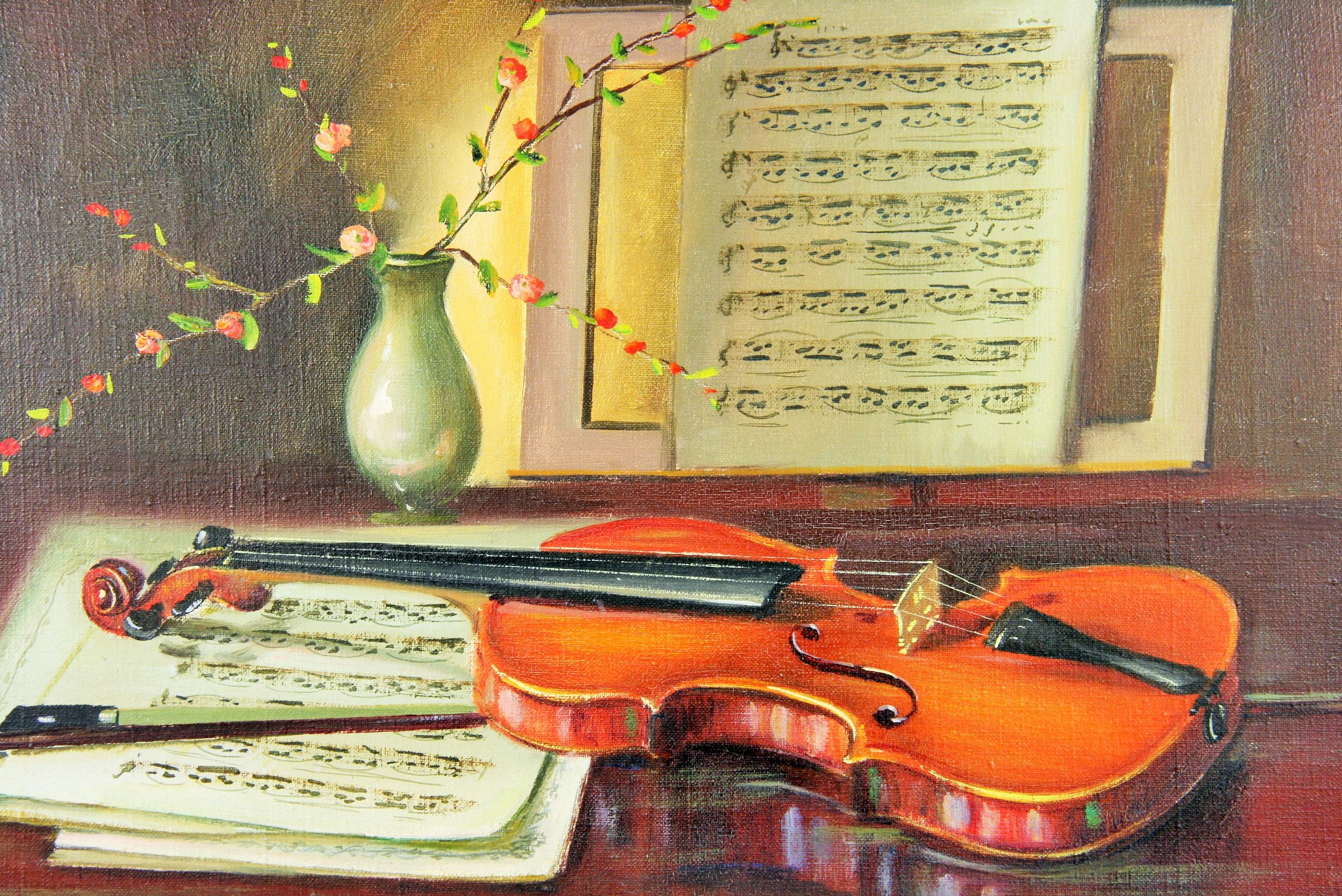 Violin Music Still Life - Brown Interior Painting by De Lauria