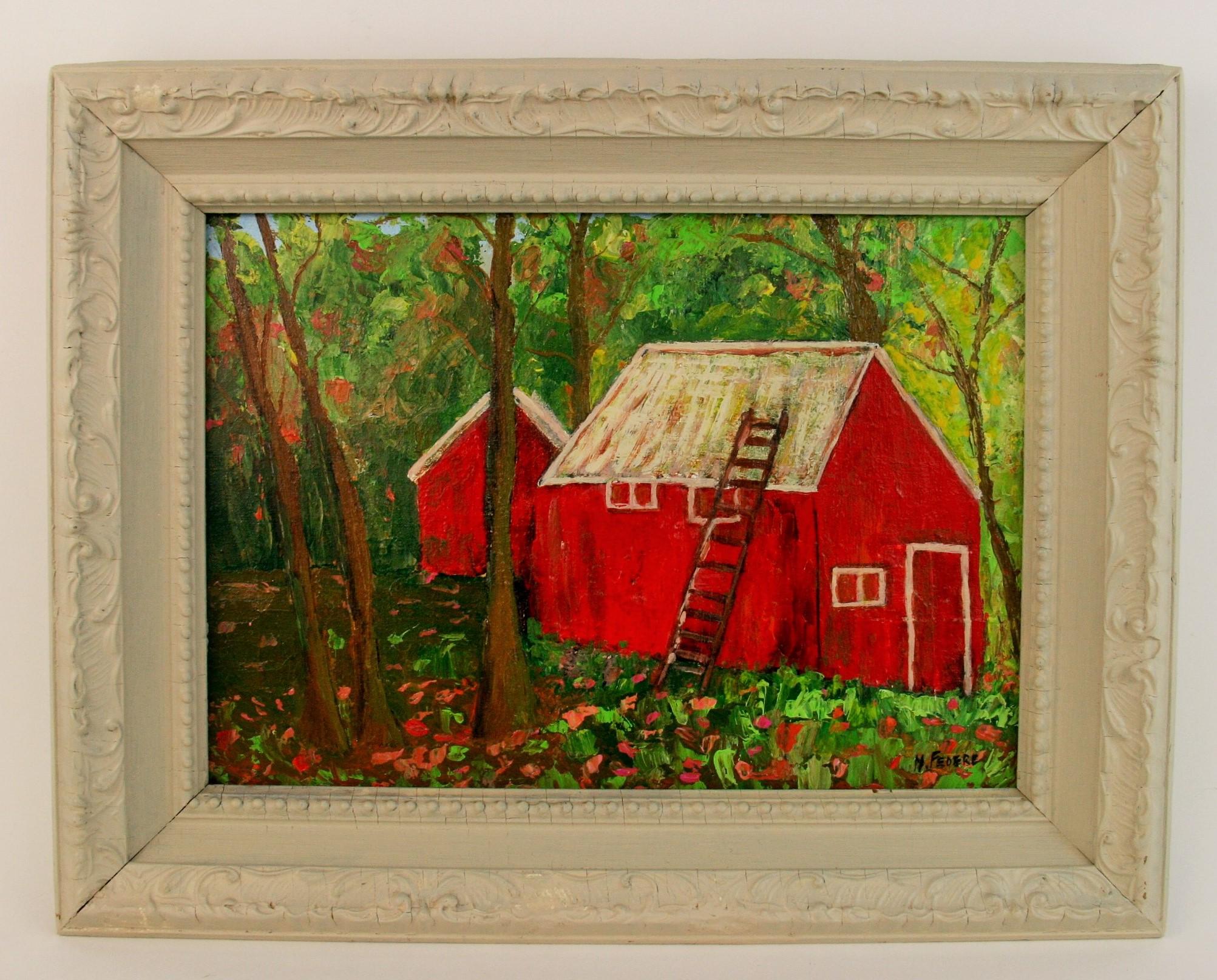 Red Barn Landscape - Painting by M.Federe