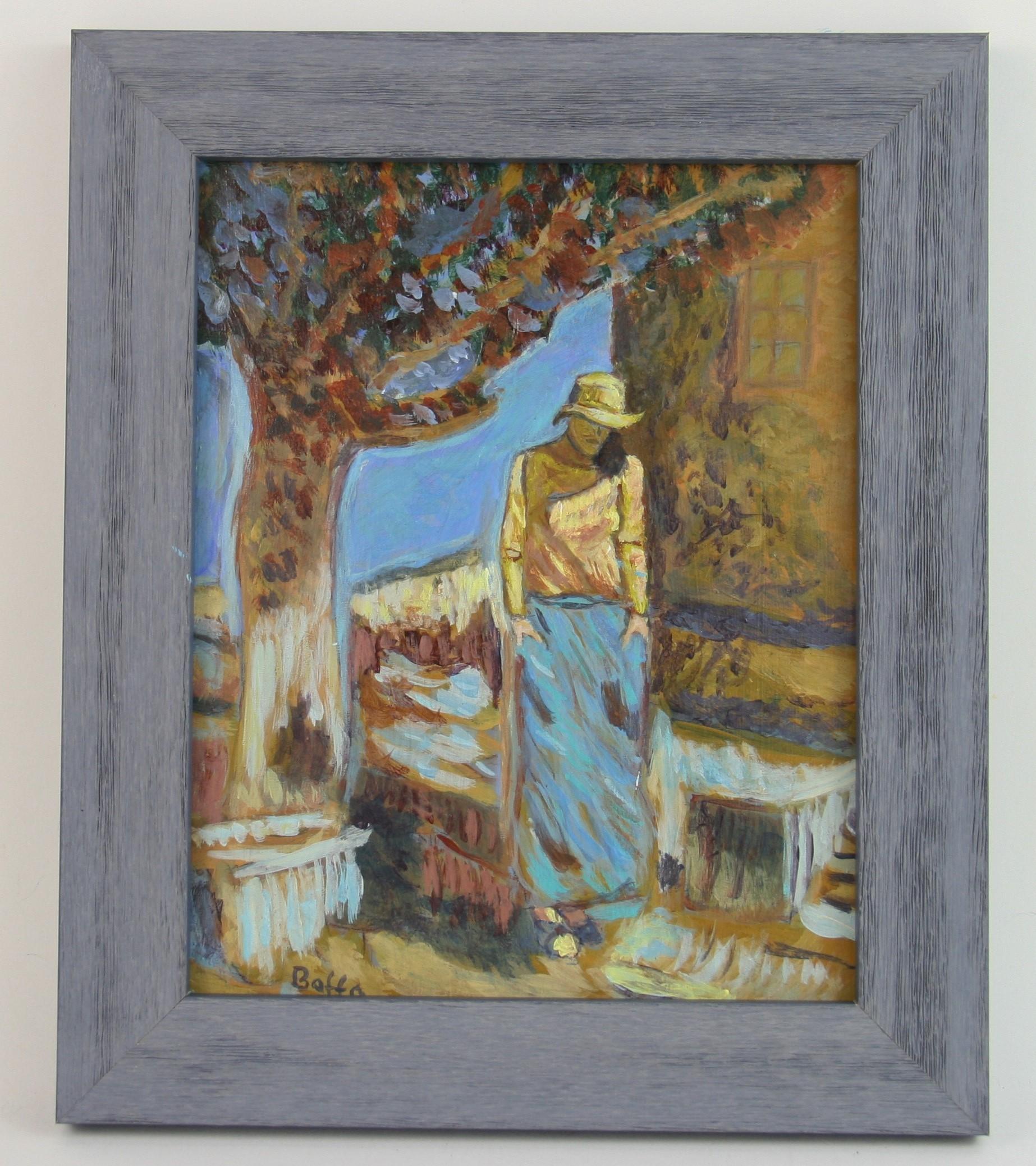 5-3291 Impressionistic  figurative painting,original acrylic on board ,signed by Boffa ,set in a grey  wood  frame.Image size 9.50 H x 7.50 W