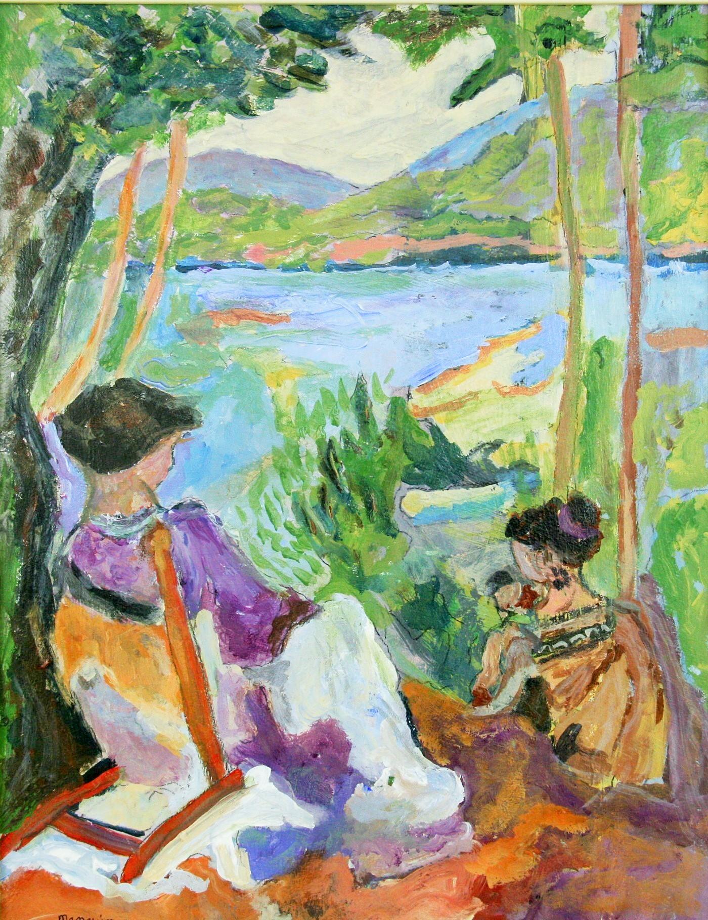 Manguin Figurative Painting - Impressionist Figurative Lakeside Mother and Child Landscape 