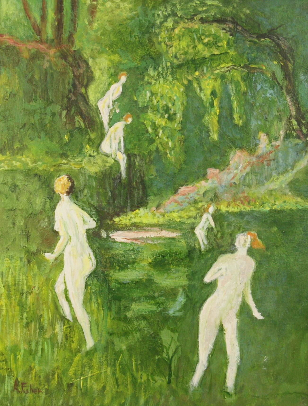 Nude Bathers in the Forest Stream Landscape - Painting by A.Fisher