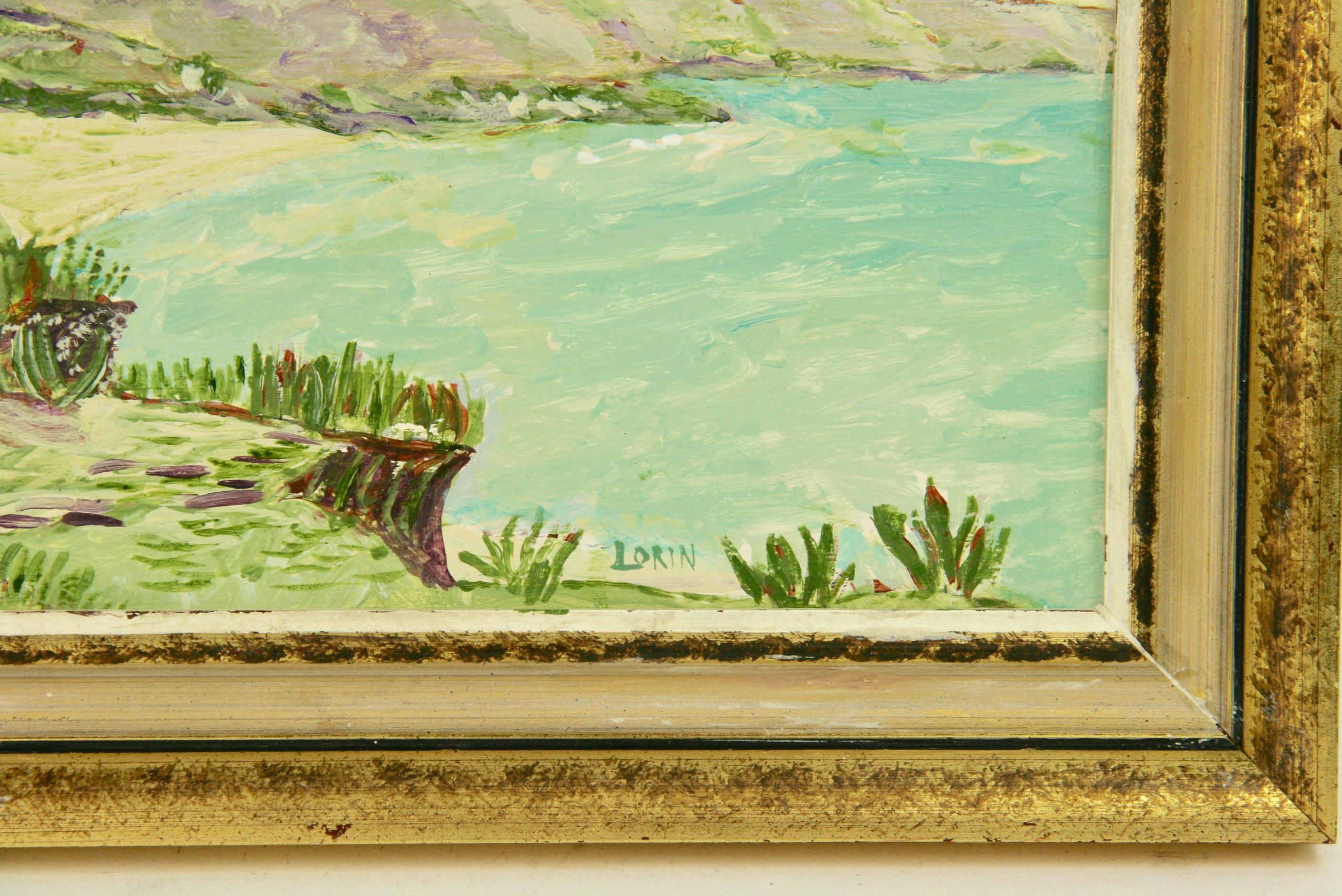 #5-3350 Shoreline Landscape, acrylique sur panneau présenté dans un cadre vintage en bois doré, signé par Lorin .Taille de l'image 7 H x 9,50 L  