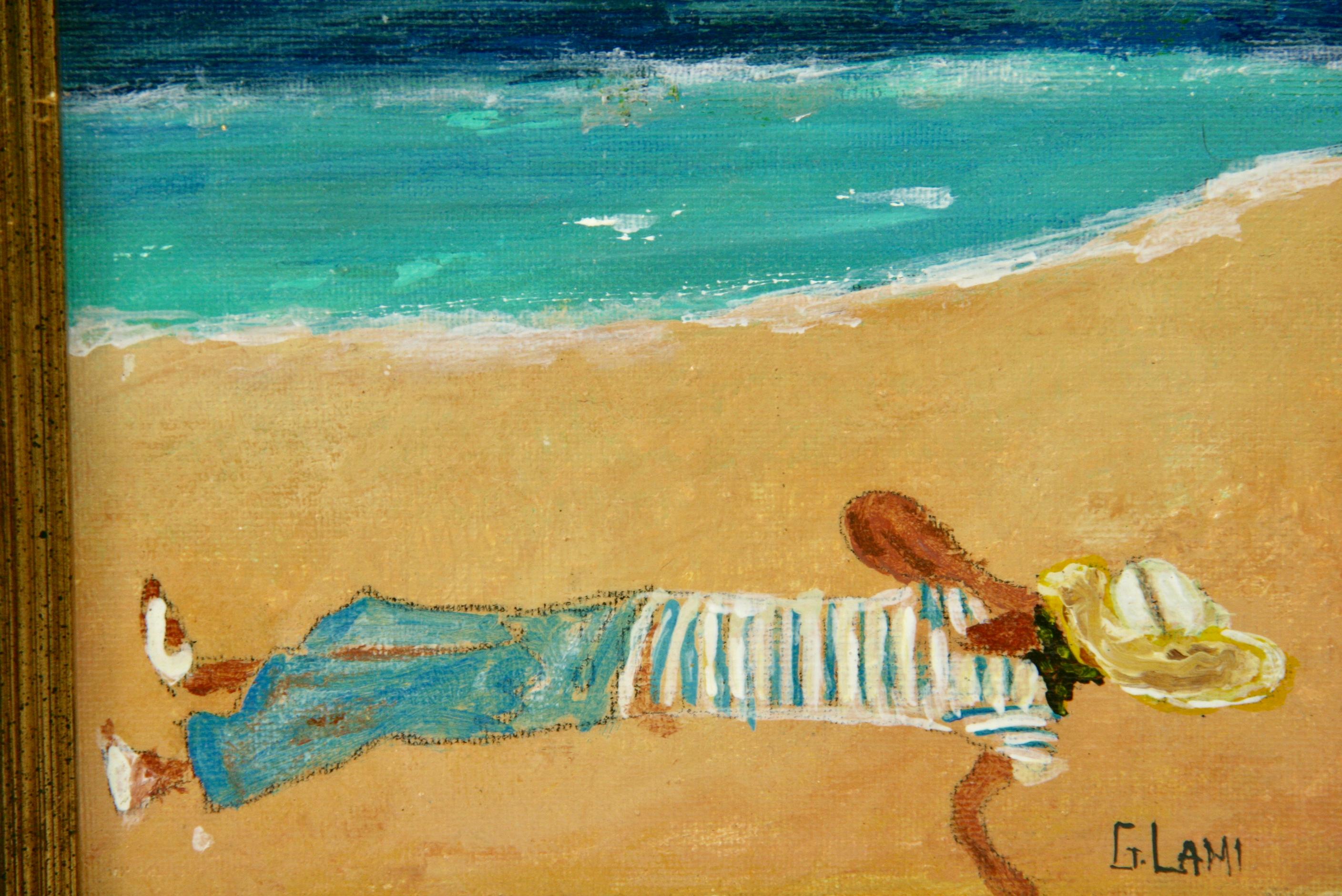  French Beach  Siesta Landscape/ Figuratve Painting - Black Abstract Painting by G.Lami