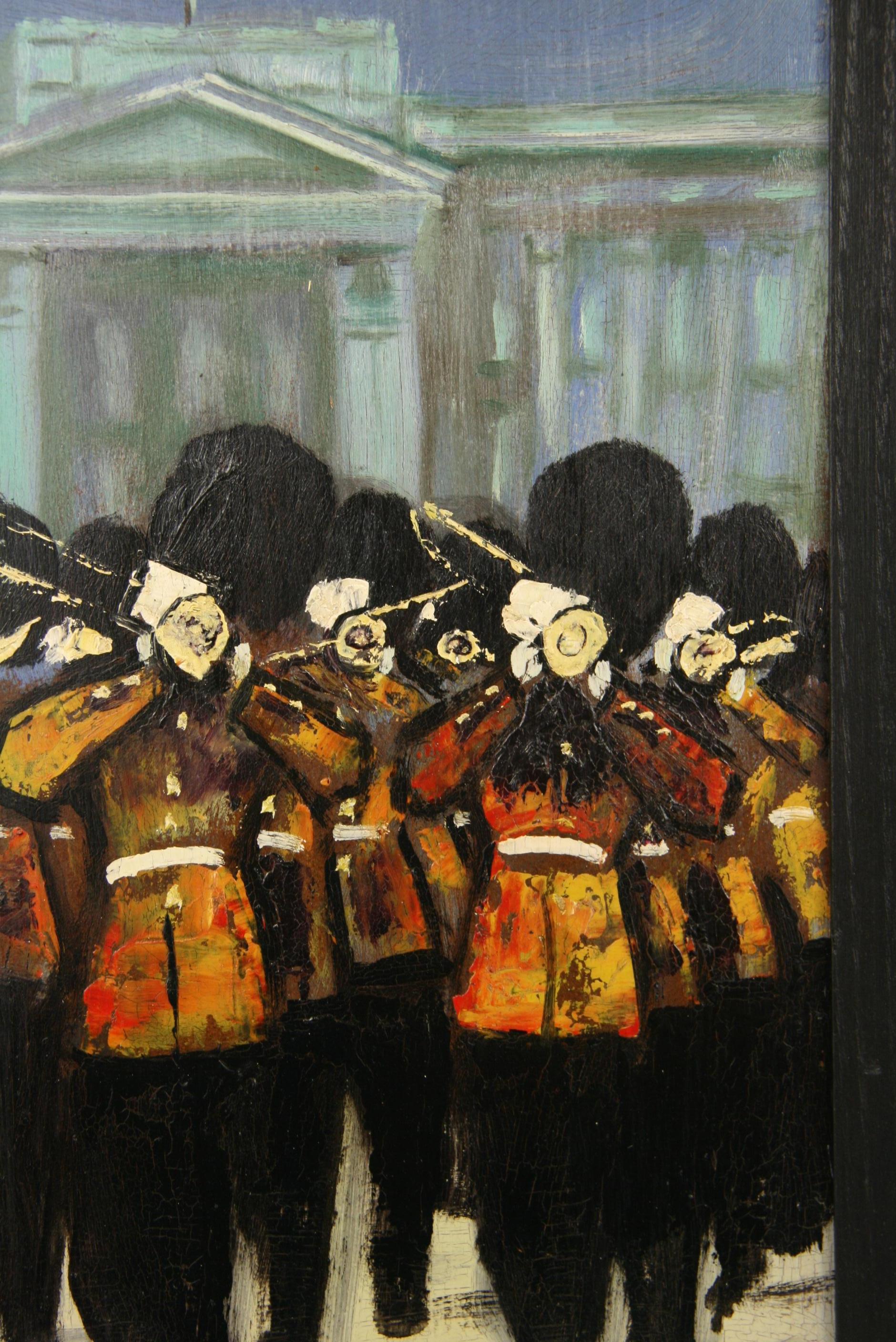 1-4031 Buckingham Palace Band, acrylic on masonite, displayed in a black wood frame, signed lower left by W.Bird 
Image size 17 H x 7.5 W