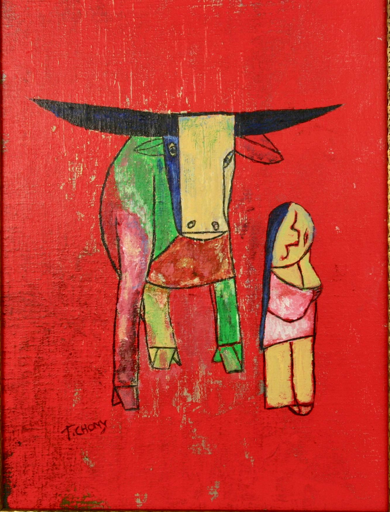 Surreal Child With Buffalo - Painting by T.Chony