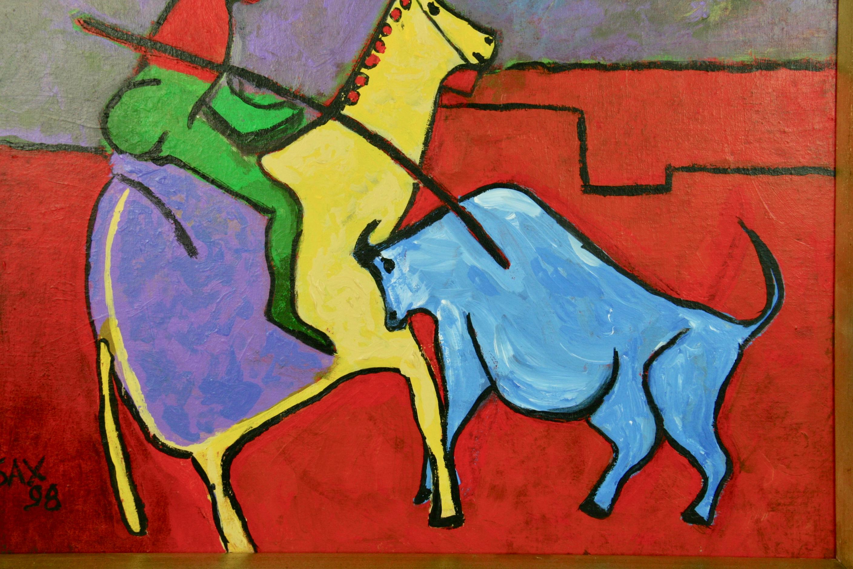 Fauvist Abstract Bull Fight - Brown Abstract Painting by Sax