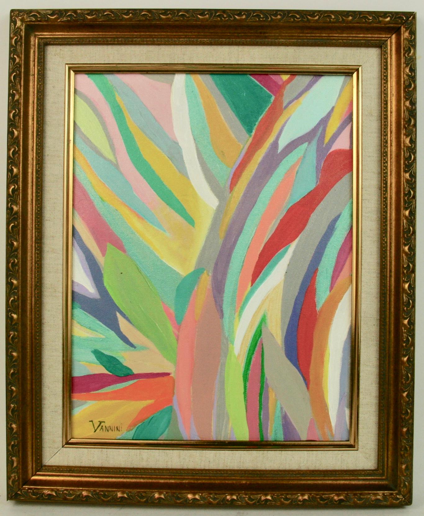 #5-3390 vintage acrylic on canvas applied to a board, displayed in a gilt-wood frame, signed by Vannini. Image size 13 H x 10 W