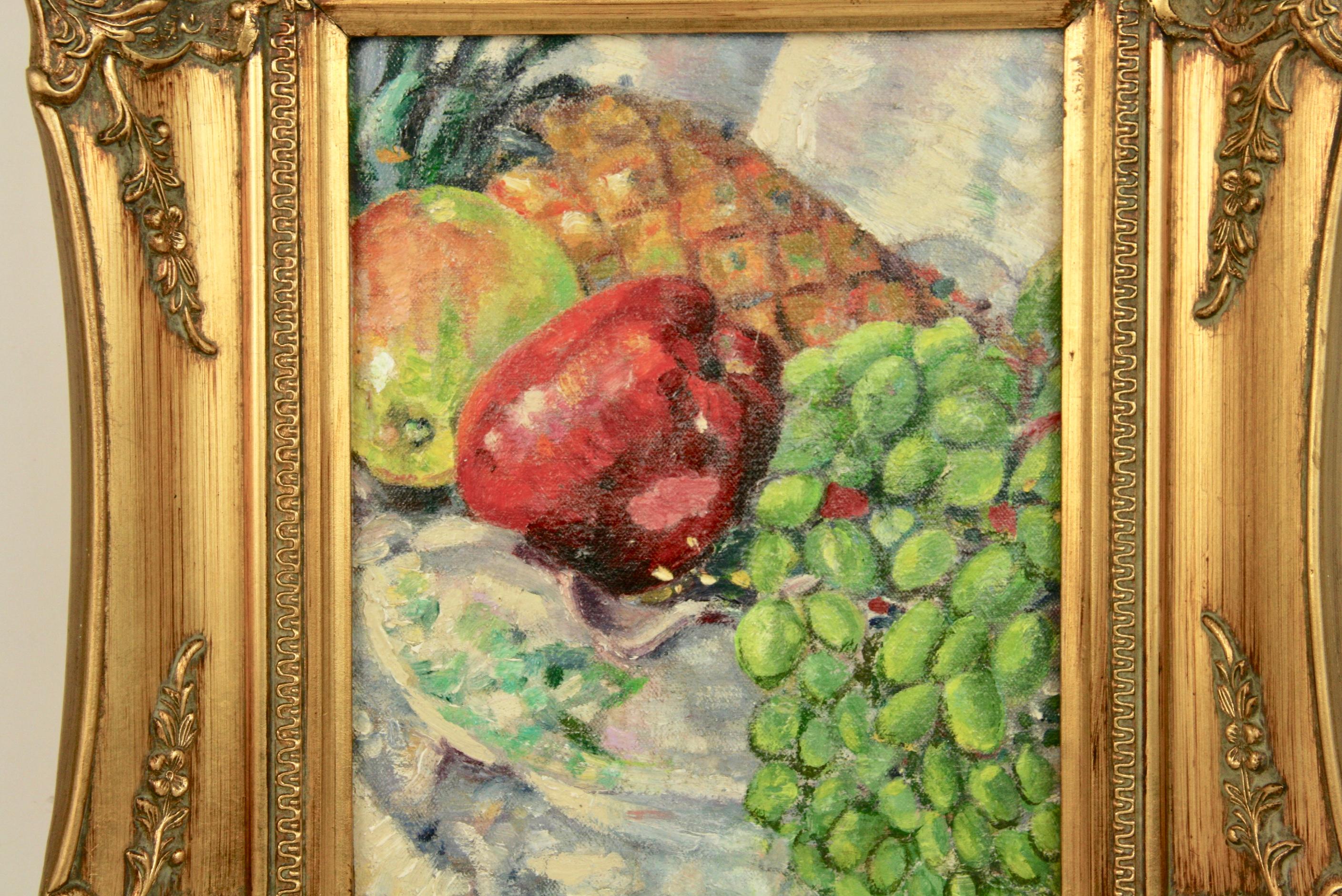 #5-3400 Fruit Still Life, a vintage acrylic on board displayed in a gilt -wood frame, signed by Buti .Image size 9.50 H x 7.50 W  