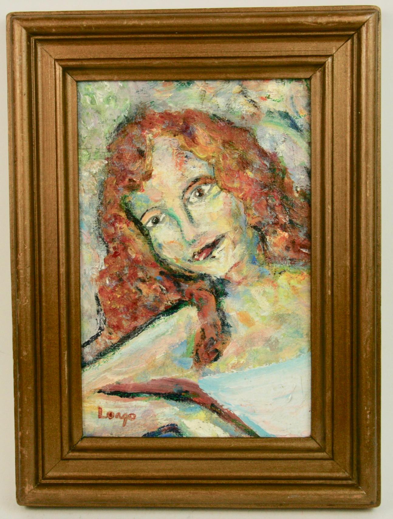 Vintage Redhead Female  Portrait oil Painting 1960's - Brown Figurative Painting by Longo