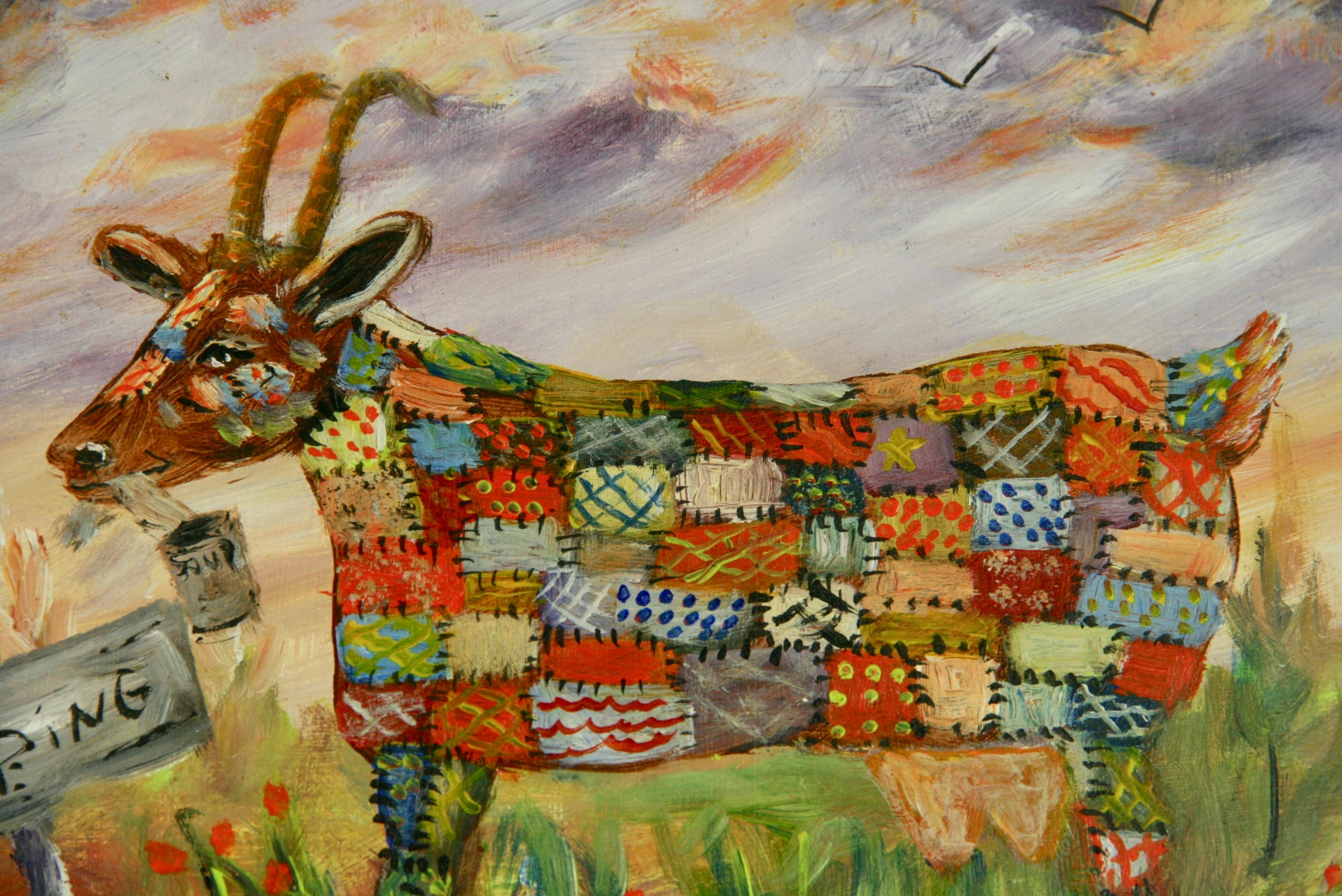 Naive Vintage-Ölgemälde einer Patchwork-Kuh, „ Natures Lawnmower“, Vintage – Painting von J.Folk