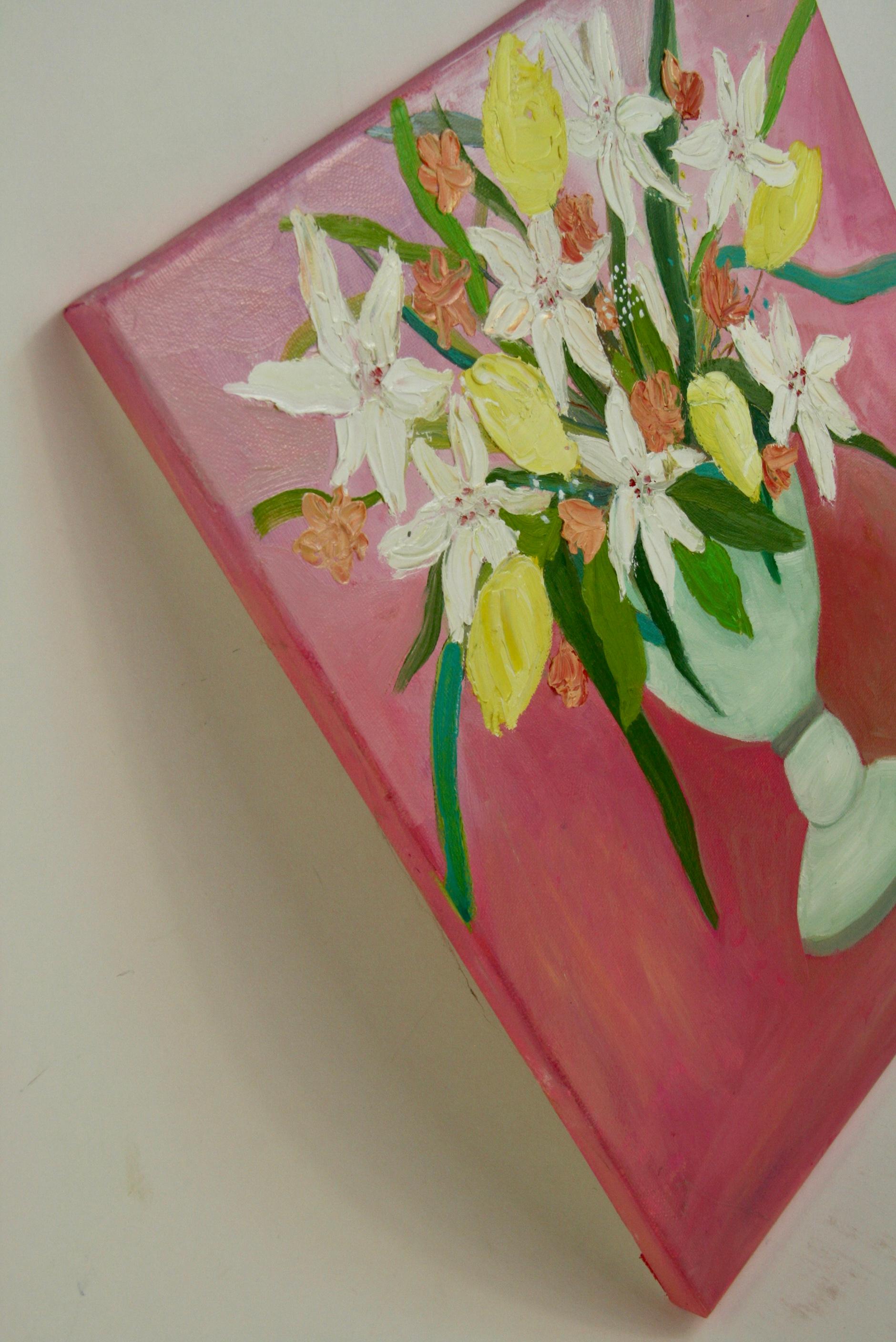 Oil on canvas of flowers in vase on pink backround 
Unframed