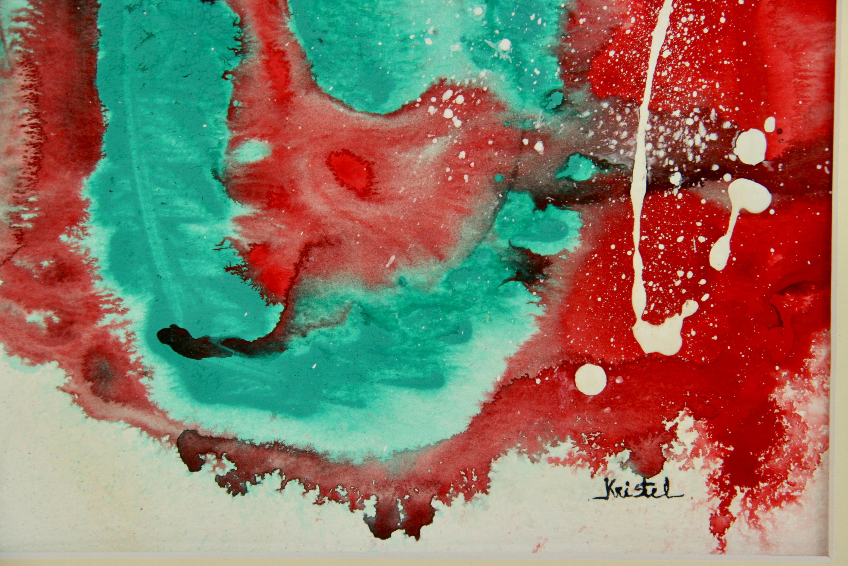#5-3437 Red Aquamarine abstract ,a contemporary acrylic on paper displayed in a 20 X 16 mat, signed by Kristel.Unframed