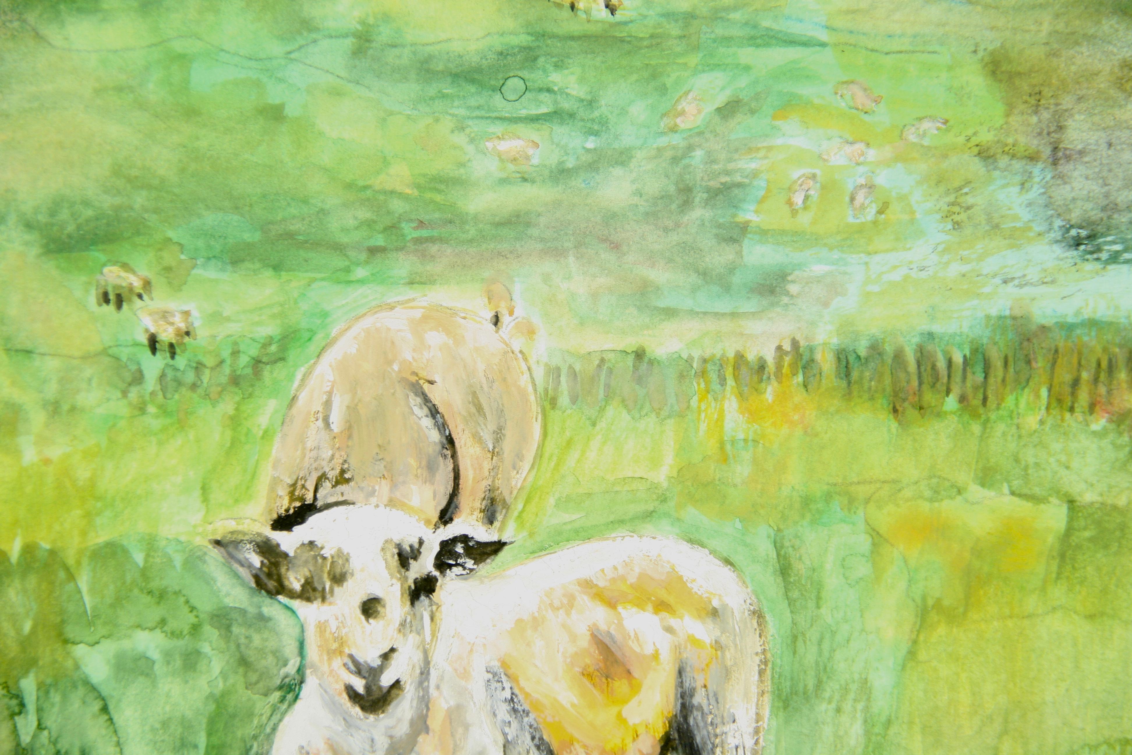 #Nr. 5-3449 Seep Grazing Landschaft, Acryl auf Papier, Schafe grasen auf einer Wiese, signiert von Brunetti
Satz in einer 16x20