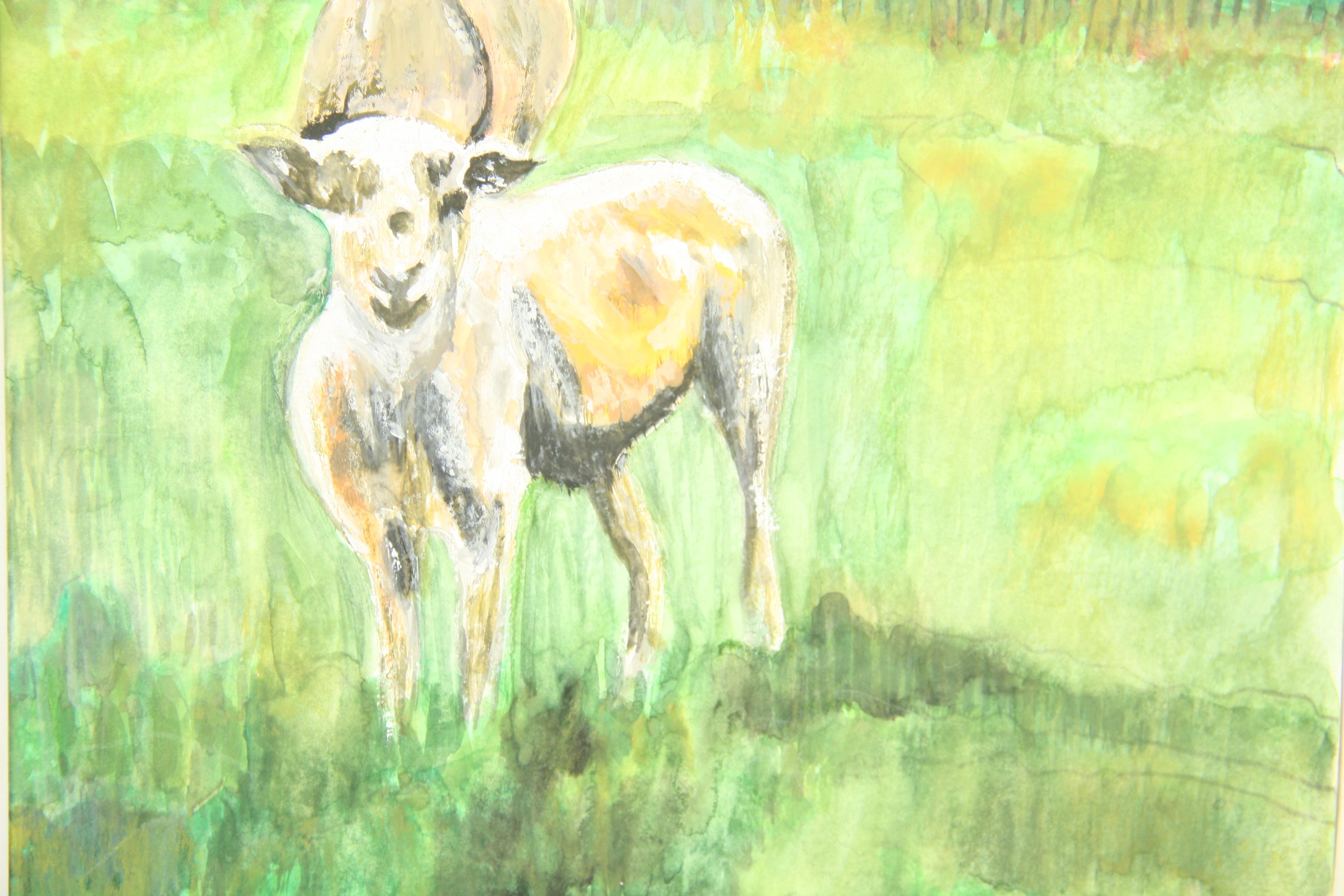 Sheep Grazing - Green Landscape Painting by Brunetti