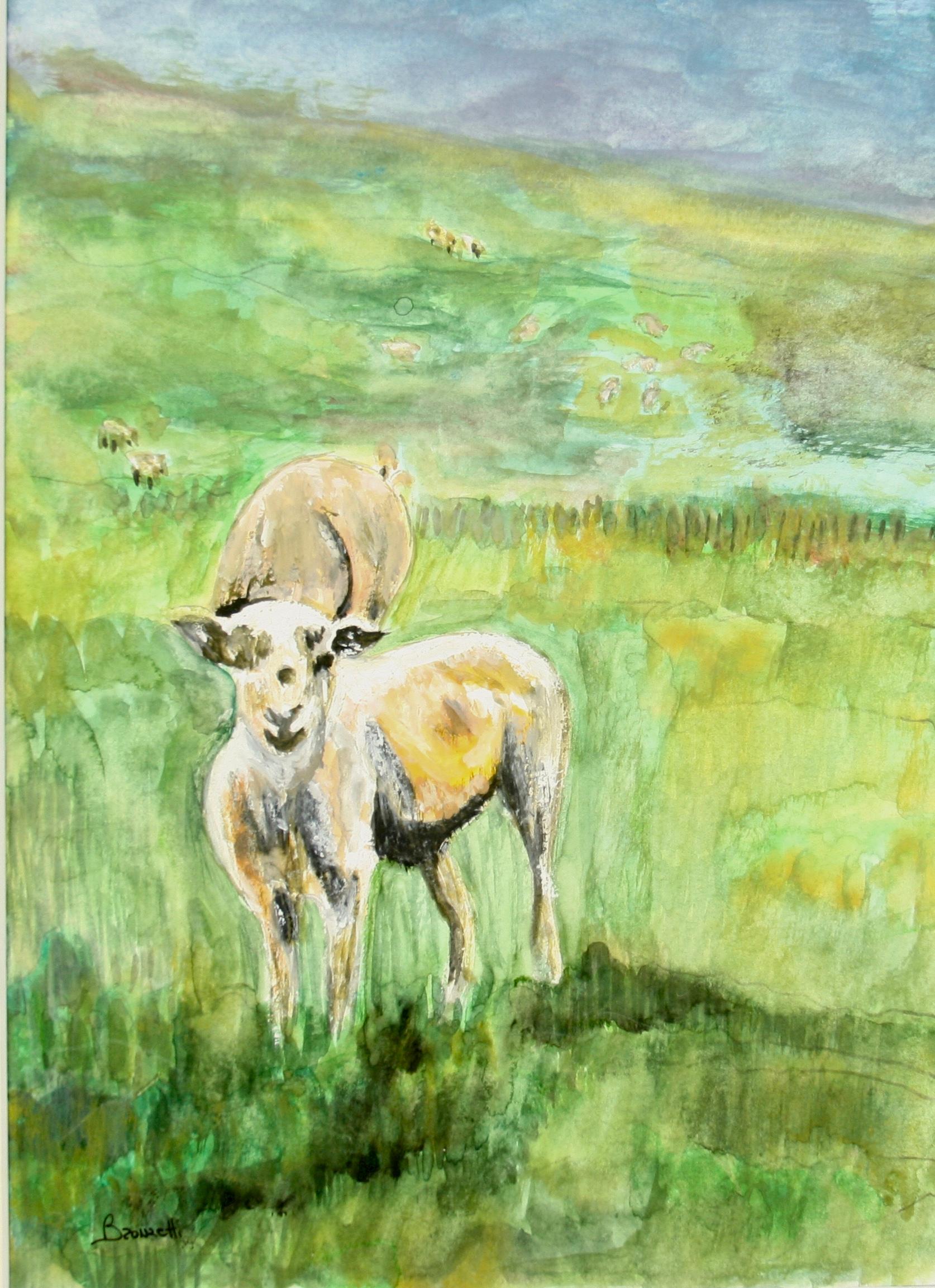 #5-3449 Seep Grazing landscape, acrylic on paper of sheep grazing in a field, signed by Brunetti
Set in a 16x20