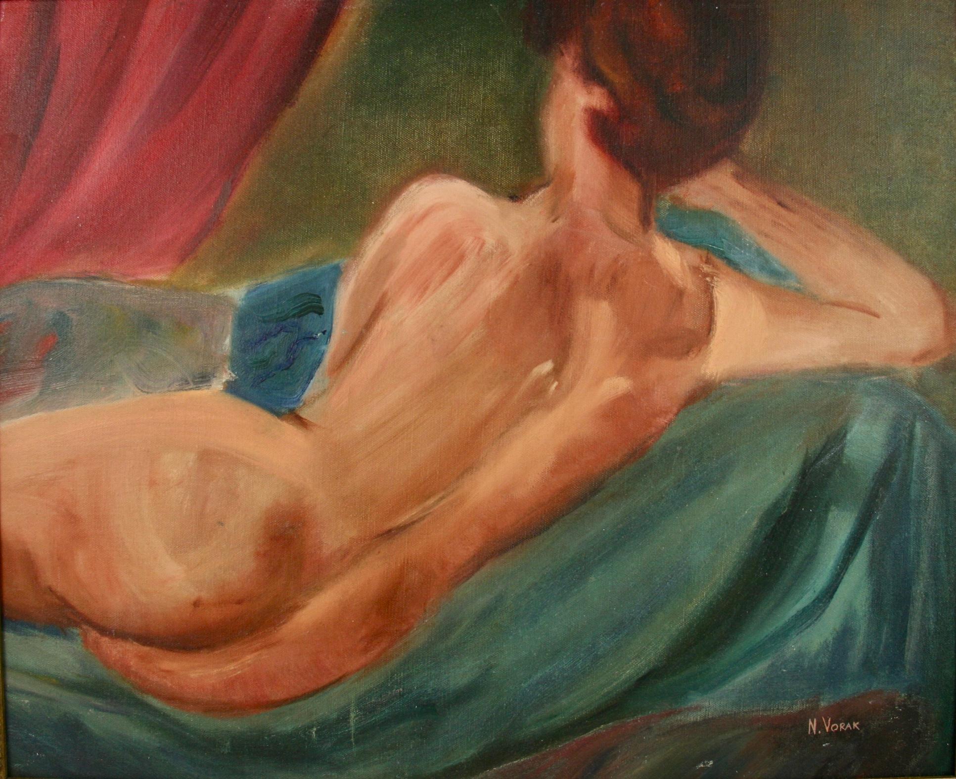 Art Deco Female Nude oil Painting 1920 - Brown Nude Painting by N.Vorak