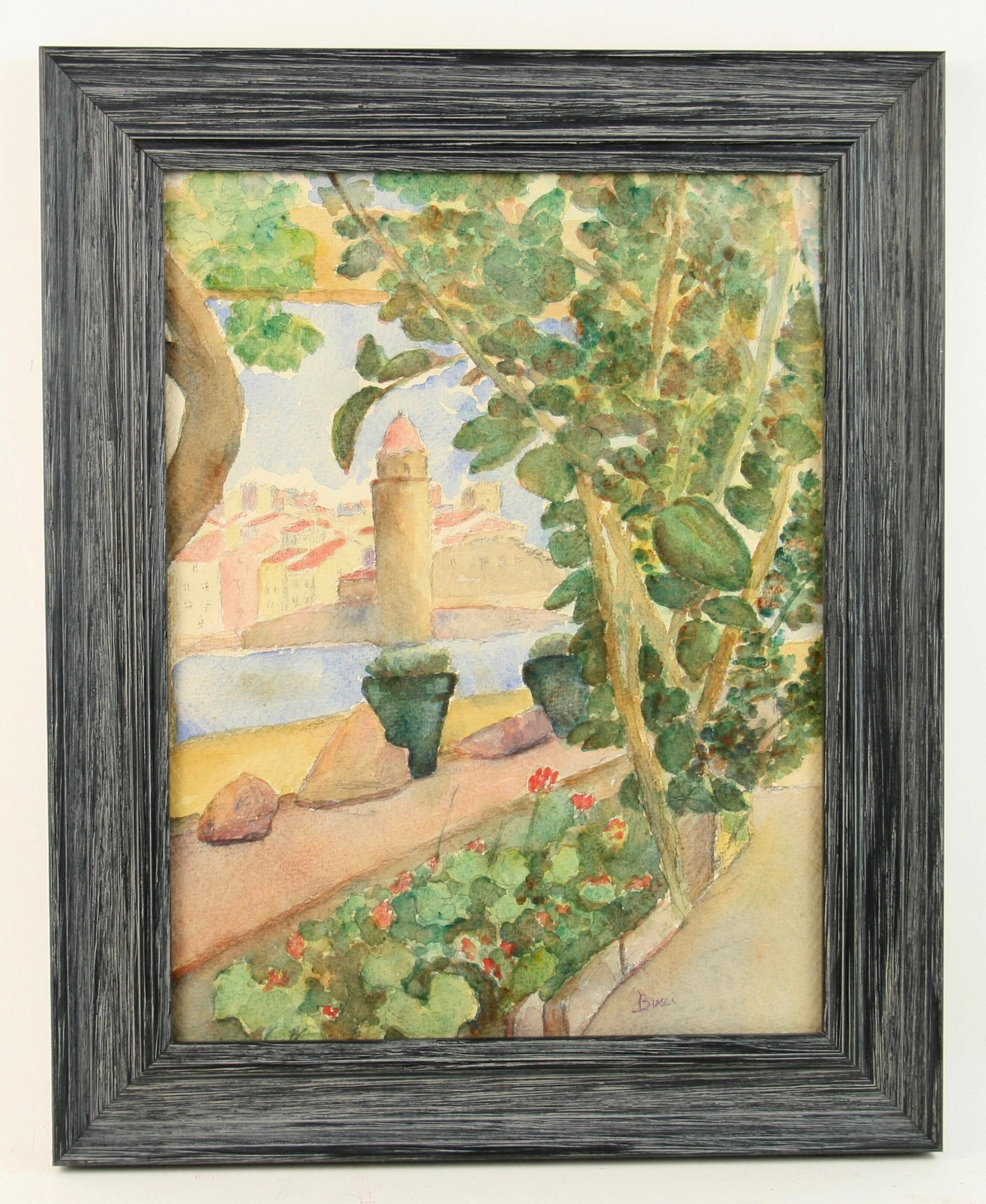 #5-3486 Mediterranean Landscape ,vintage watercolor on paper, signed by Bucci displayed in a new -wood frame under glass.Image size 12.5 H x 9.5 W