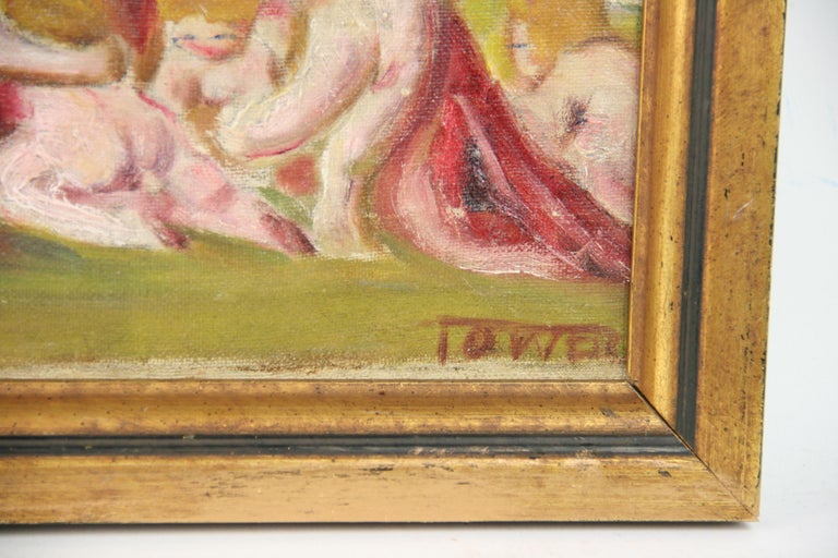 5-3498 Oil on canvas applied to board of mythological scene circa 1940's
Set in a vintage gilt wood frame
