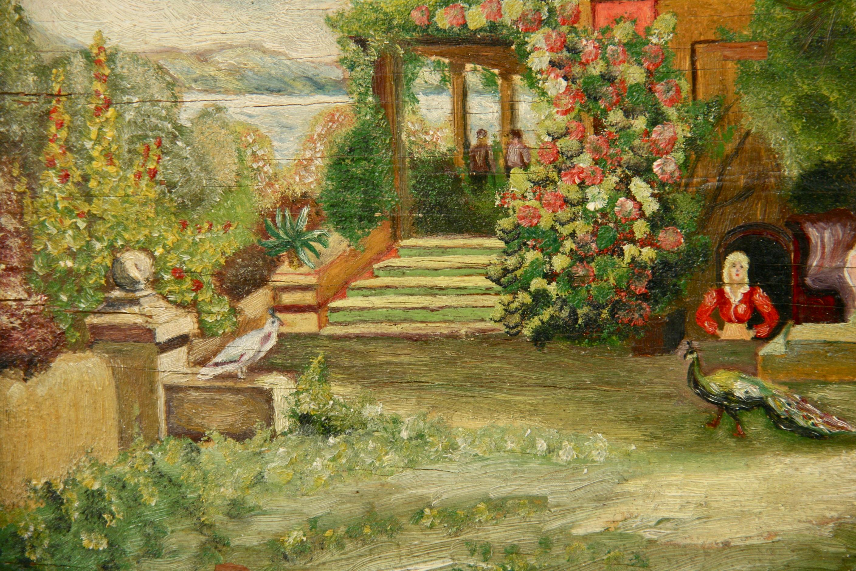 Antique Oil Painting Garden landscape in a Lake Como Villa - Brown Landscape Painting by W.F.Motz